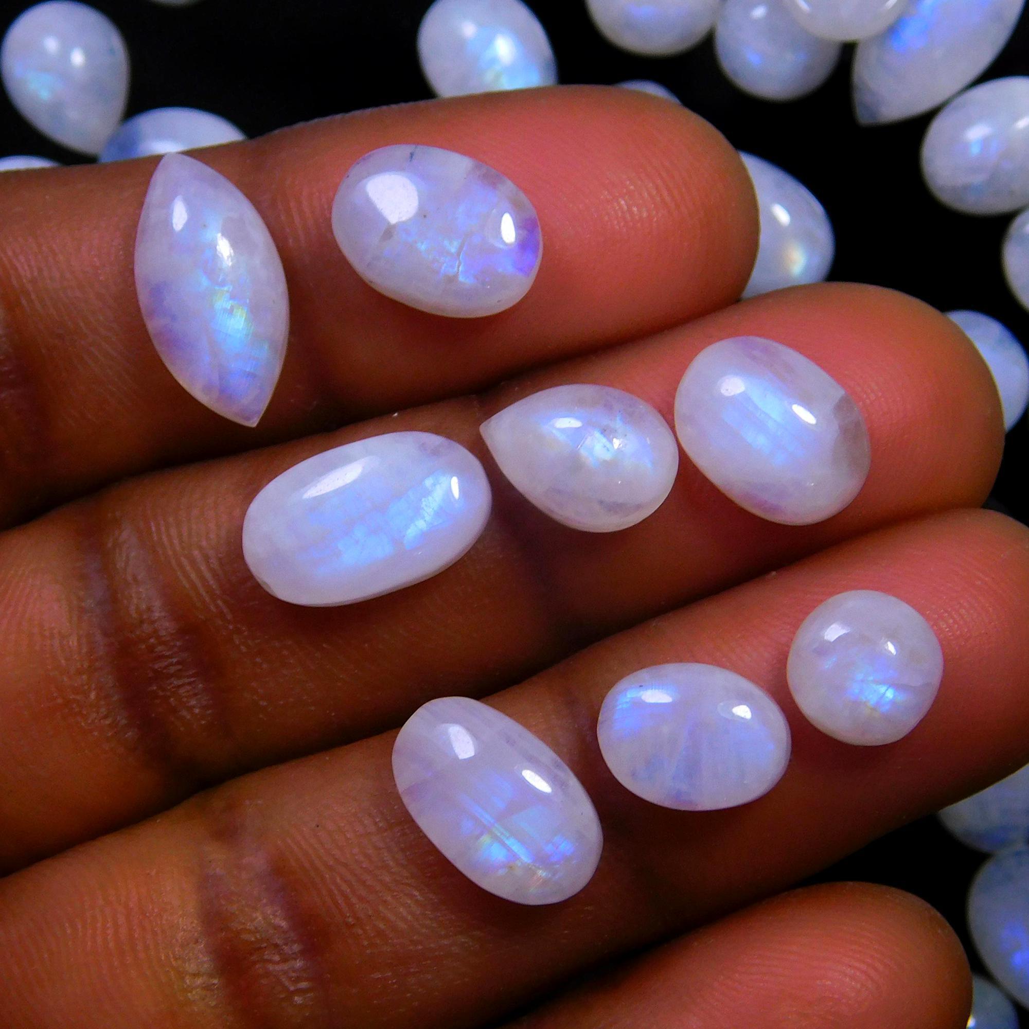 85 Pcs 200 Cts Natural Rainbow Moonstone Gemstone Cabochon Lot 6x8-7x13mm14040
