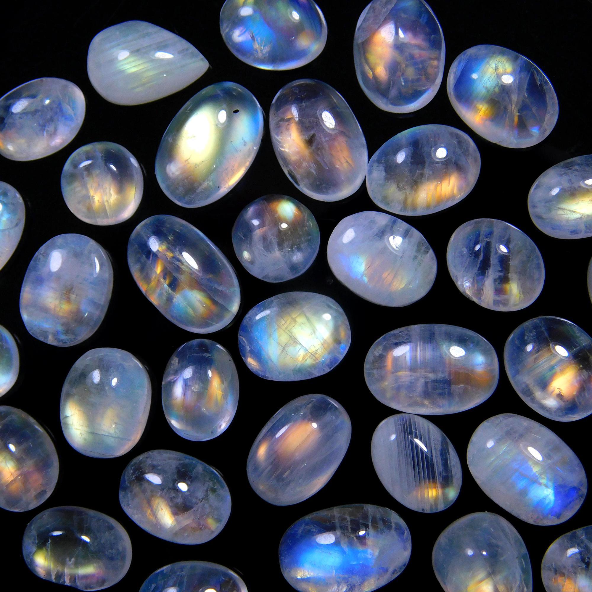 29 Pcs 44 Cts Natural Rainbow Moonstone Gemstone Cabochon Lot 5x7-6x10mm14041