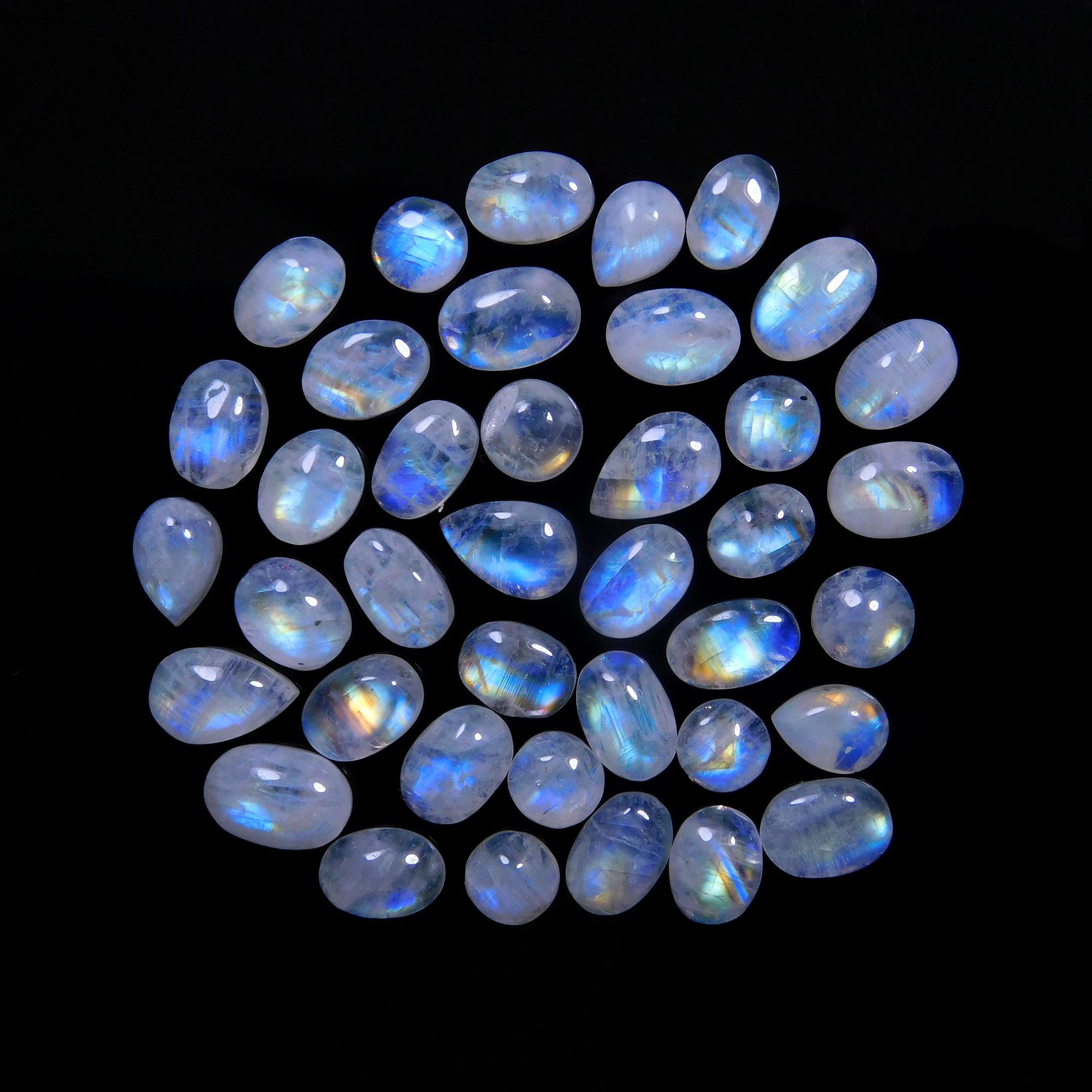 39 Pcs 67 Cts Natural Rainbow Moonstone Gemstone Cabochon Lot 5x7-6x9mm14043
