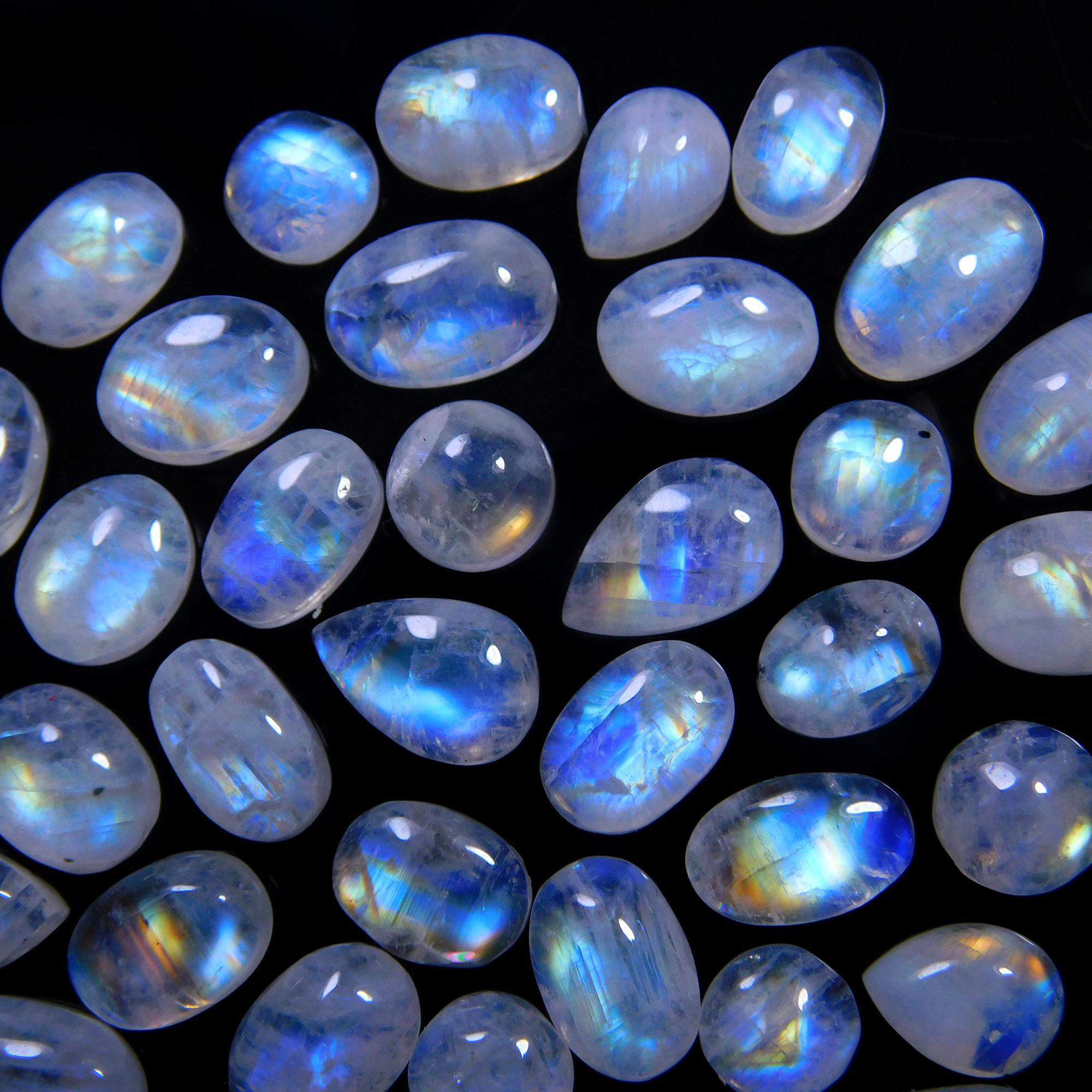 39 Pcs 67 Cts Natural Rainbow Moonstone Gemstone Cabochon Lot 5x7-6x9mm14043
