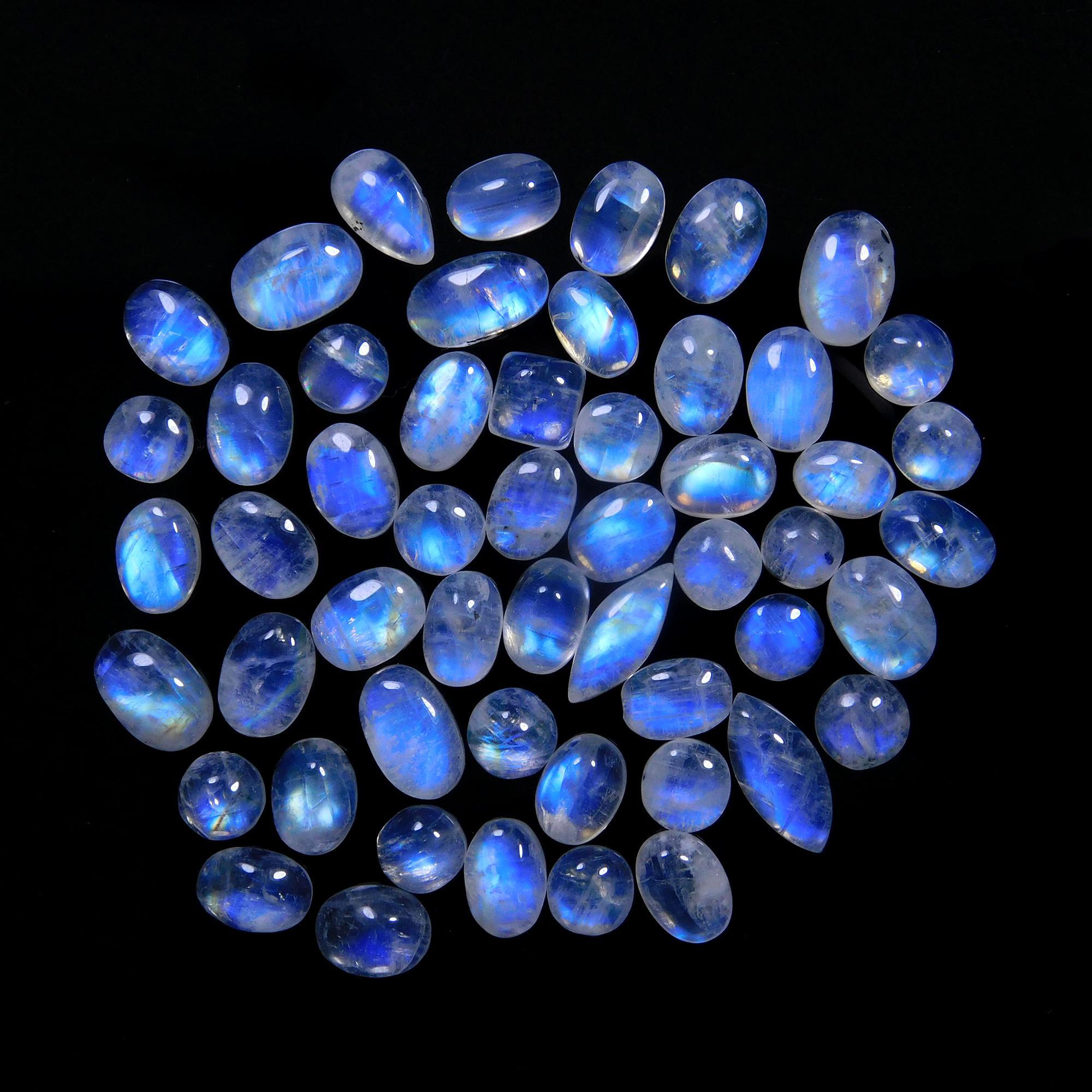 53 Pcs 86 Cts Natural Rainbow Moonstone Gemstone Cabochon Lot 5x7-6x9mm14044