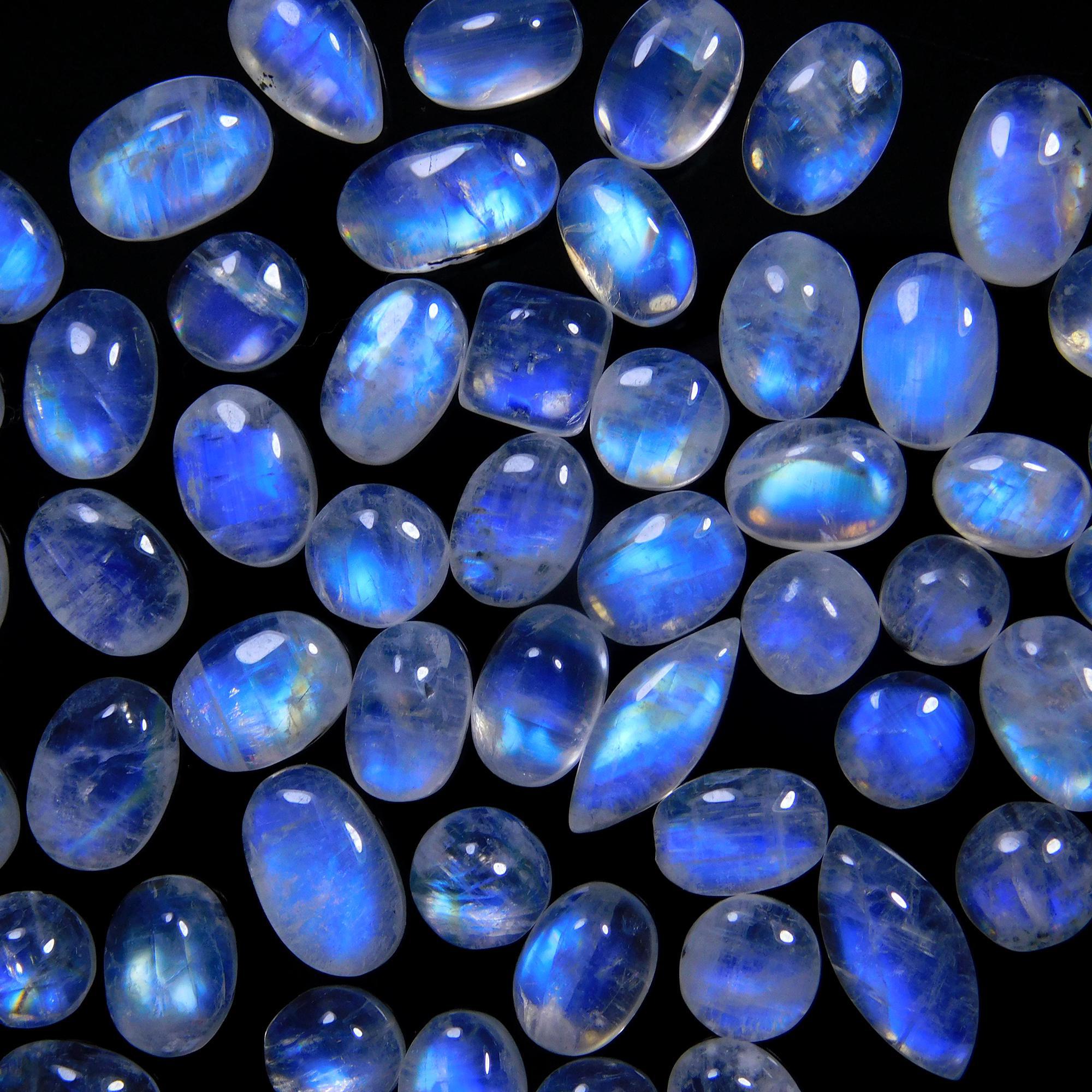 53 Pcs 86 Cts Natural Rainbow Moonstone Gemstone Cabochon Lot 5x7-6x9mm14044