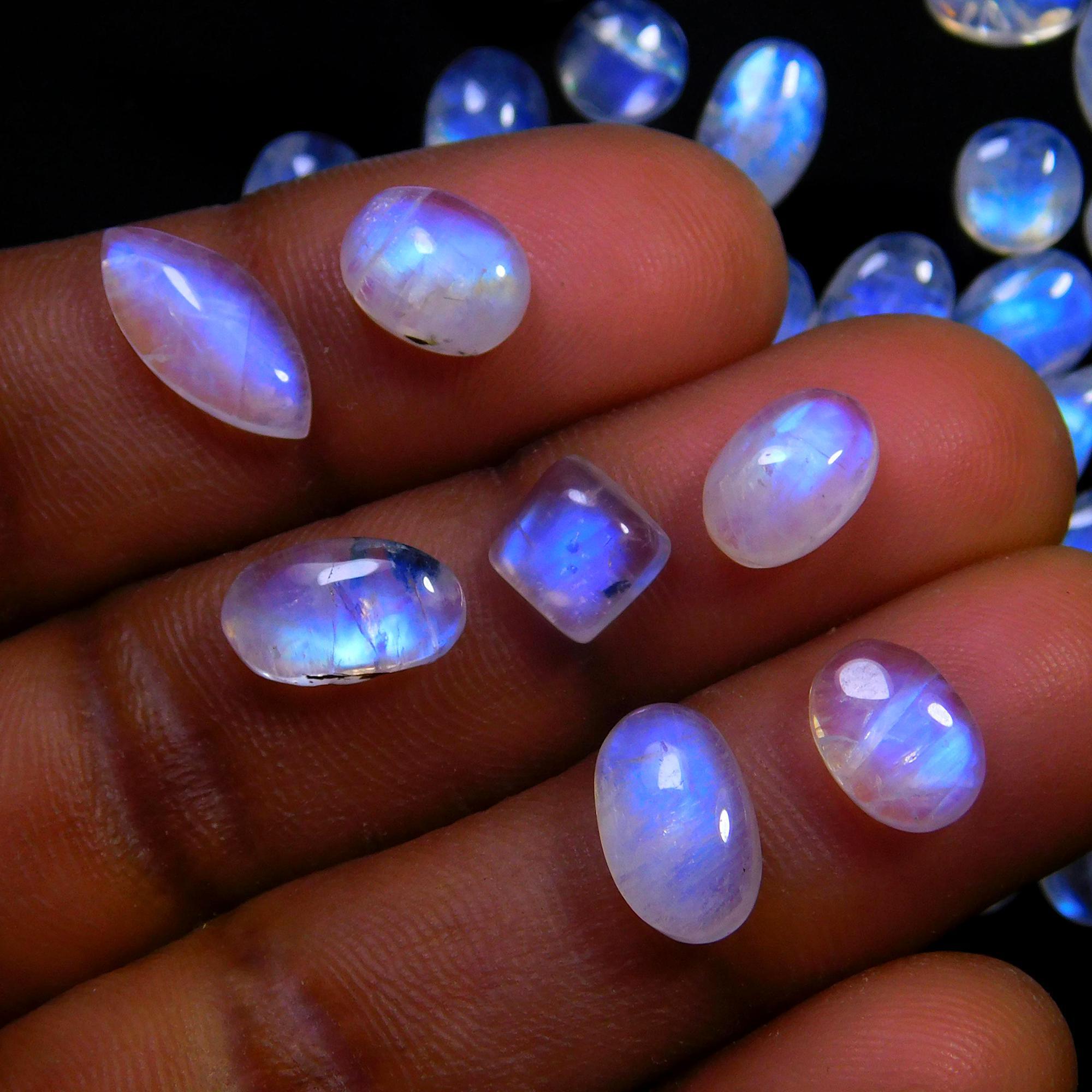 53 Pcs 86 Cts Natural Rainbow Moonstone Gemstone Cabochon Lot 5x7-6x9mm14044