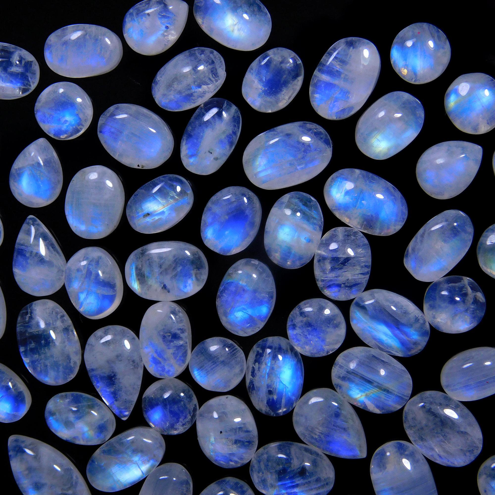 59 Pcs 100 Cts Natural Rainbow Moonstone Gemstone Cabochon Lot 5x7-6x14mmR-14045