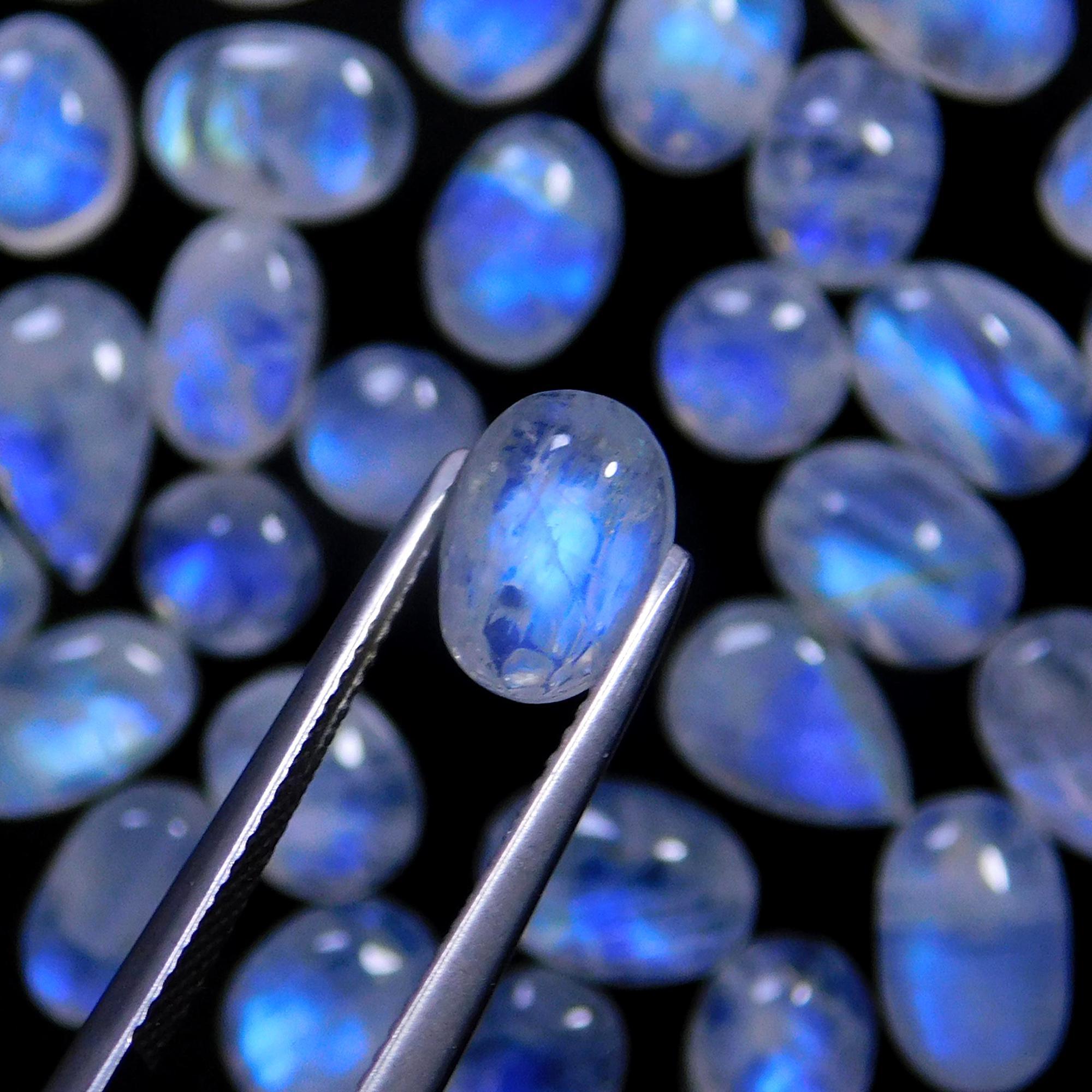 59 Pcs 100 Cts Natural Rainbow Moonstone Gemstone Cabochon Lot 5x7-6x14mmR-14045