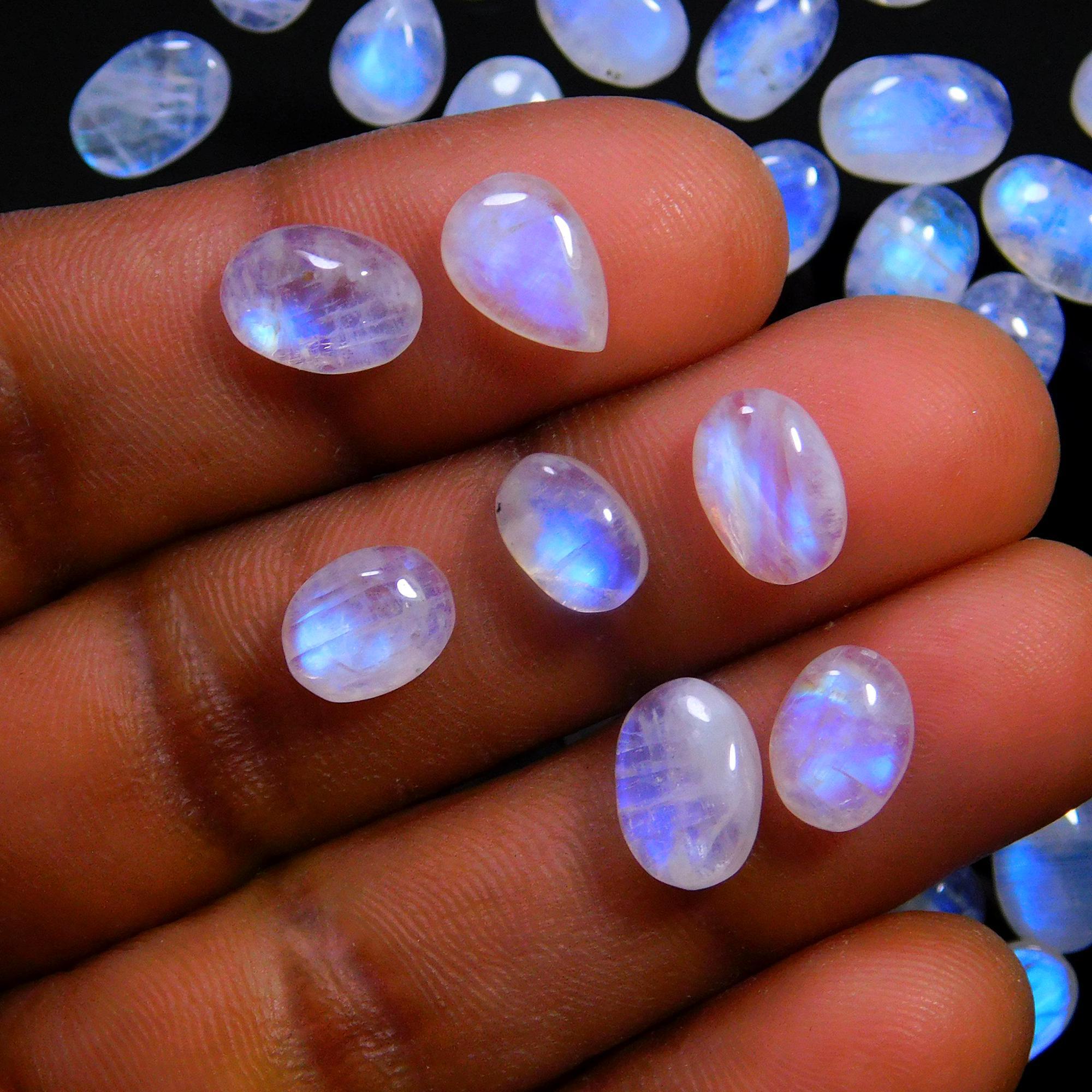 59 Pcs 100 Cts Natural Rainbow Moonstone Gemstone Cabochon Lot 5x7-6x14mm14045