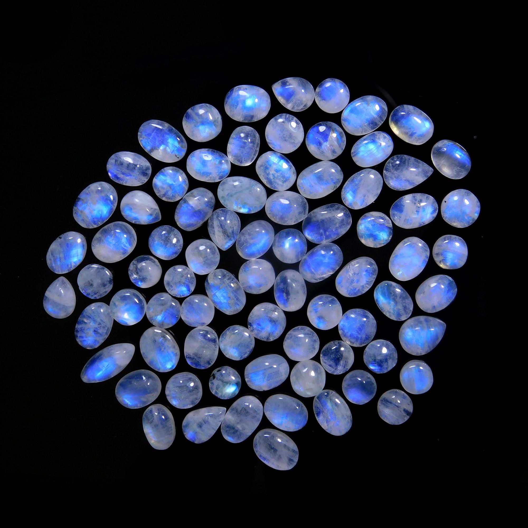 77 Pcs 114 Cts Natural Rainbow Moonstone Gemstone Cabochon Lot 5x7-5x11mmR-14046