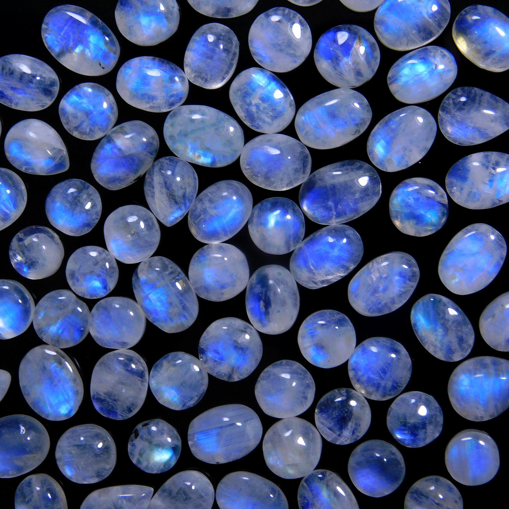 77 Pcs 114 Cts Natural Rainbow Moonstone Gemstone Cabochon Lot 5x7-5x11mmR-14046