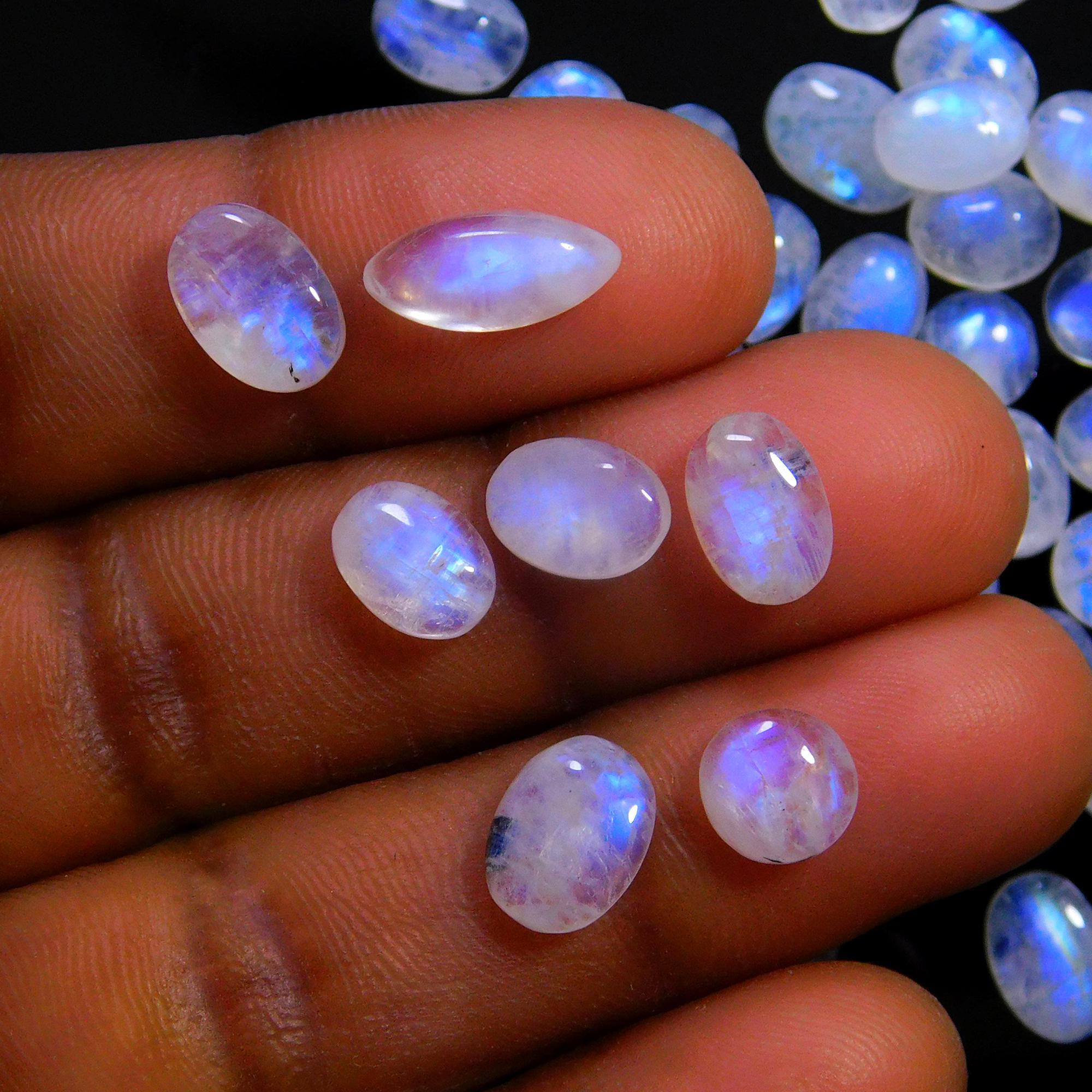 77 Pcs 114 Cts Natural Rainbow Moonstone Gemstone Cabochon Lot 5x7-5x11mmR-14046