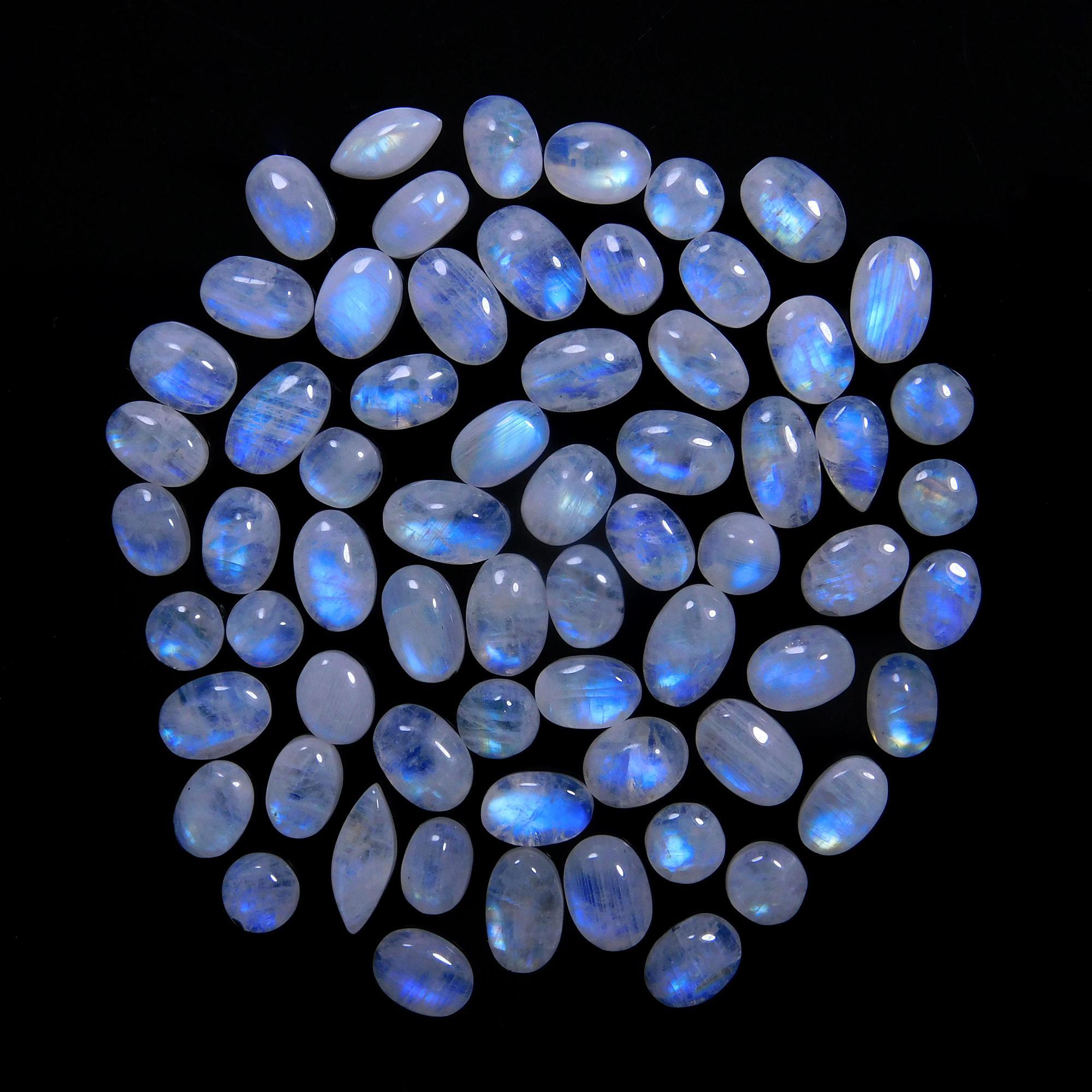 65 Pcs 125 Cts Natural Rainbow Moonstone Gemstone Cabochon Lot 5x7-5x10mmR-14047