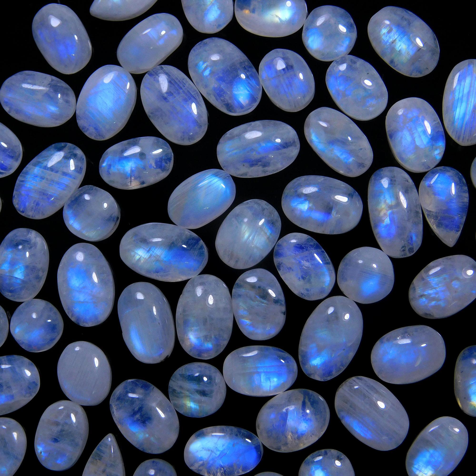 65 Pcs 125 Cts Natural Rainbow Moonstone Gemstone Cabochon Lot 5x7-5x10mmR-14047