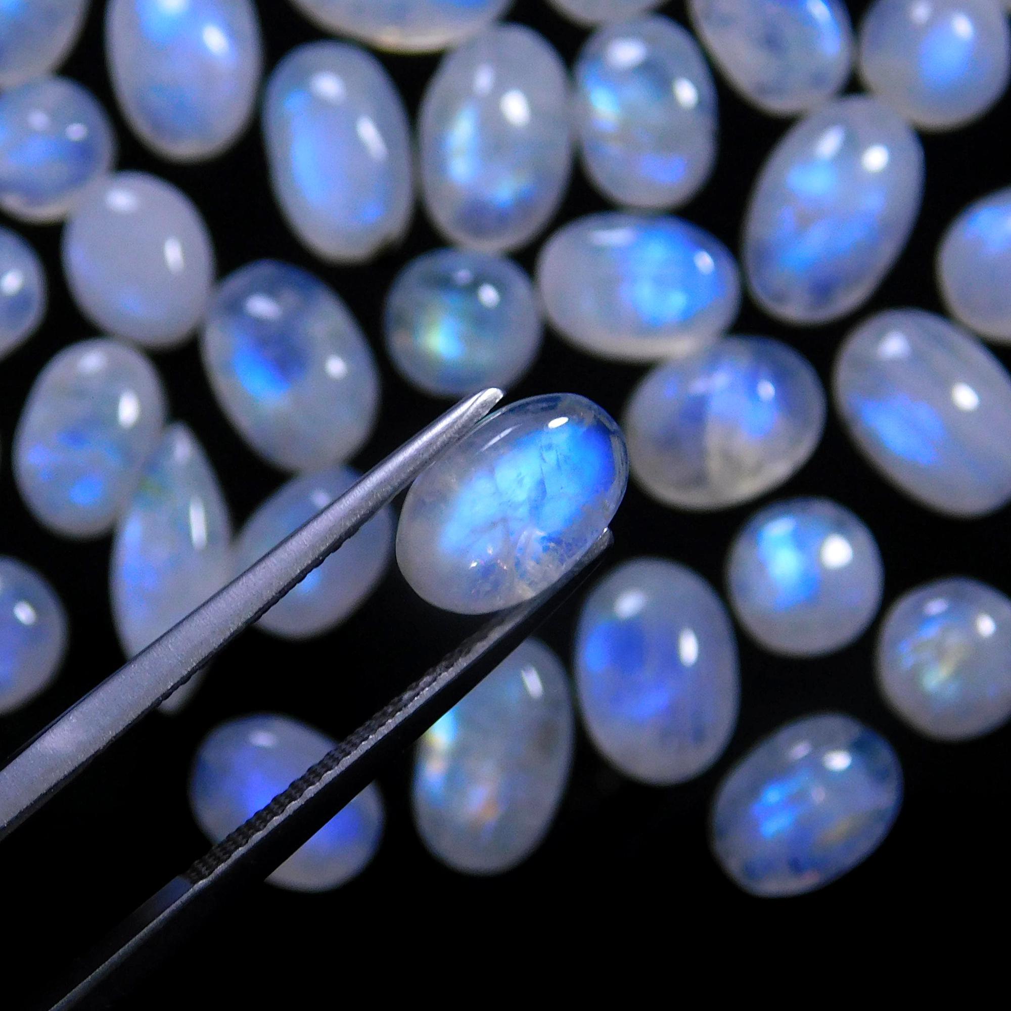 65 Pcs 125 Cts Natural Rainbow Moonstone Gemstone Cabochon Lot 5x7-5x10mmR-14047