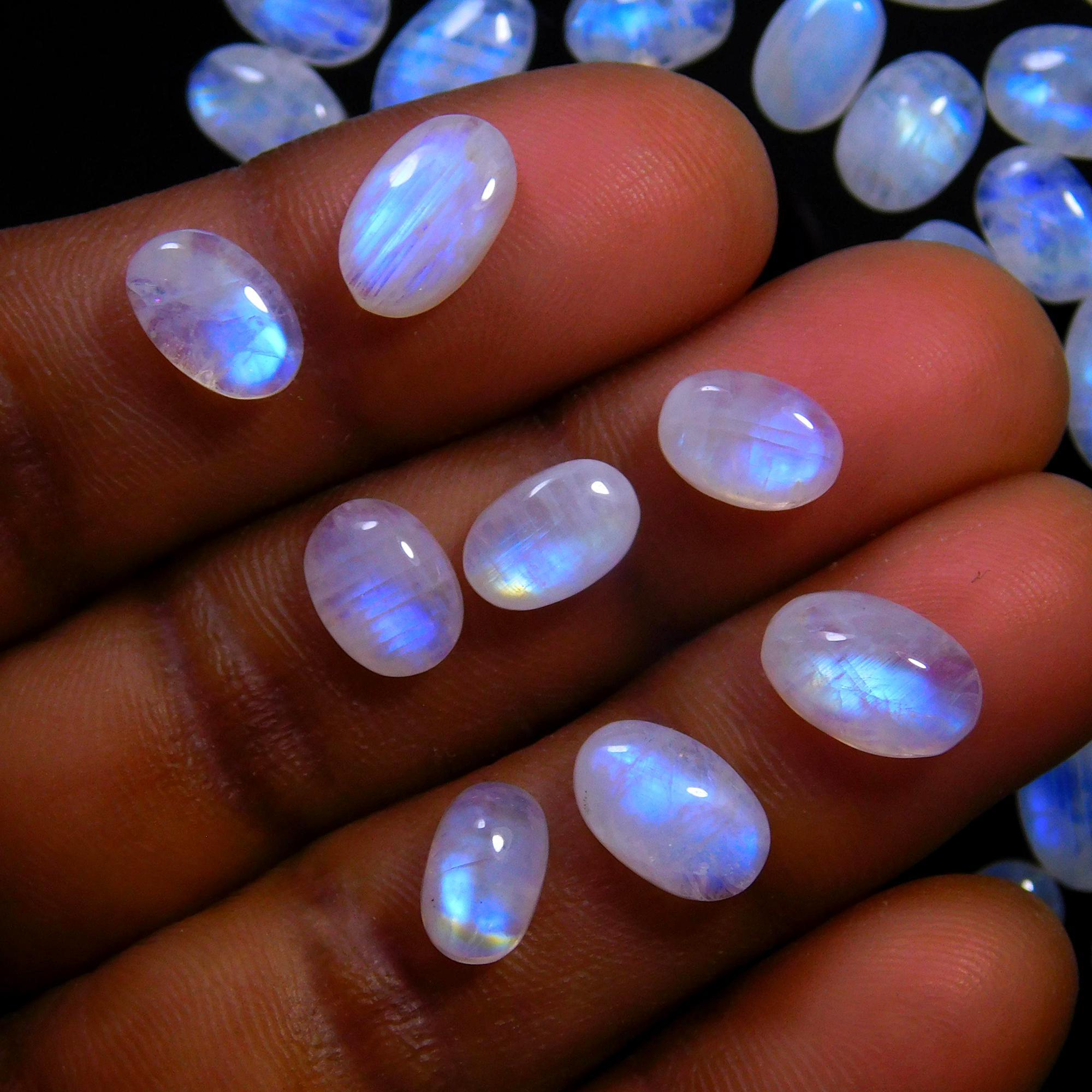 65 Pcs 125 Cts Natural Rainbow Moonstone Gemstone Cabochon Lot 5x7-5x10mmR-14047