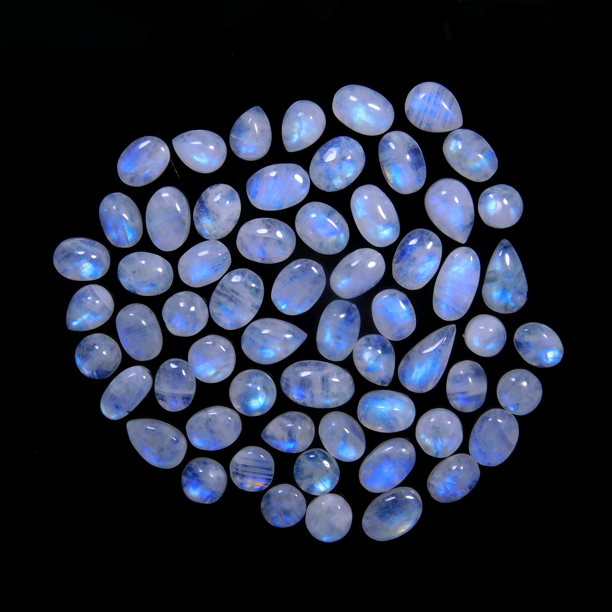 60 Pcs 104 Cts Natural Rainbow Moonstone Gemstone Cabochon Lot 5x7-5x11mmR-14048
