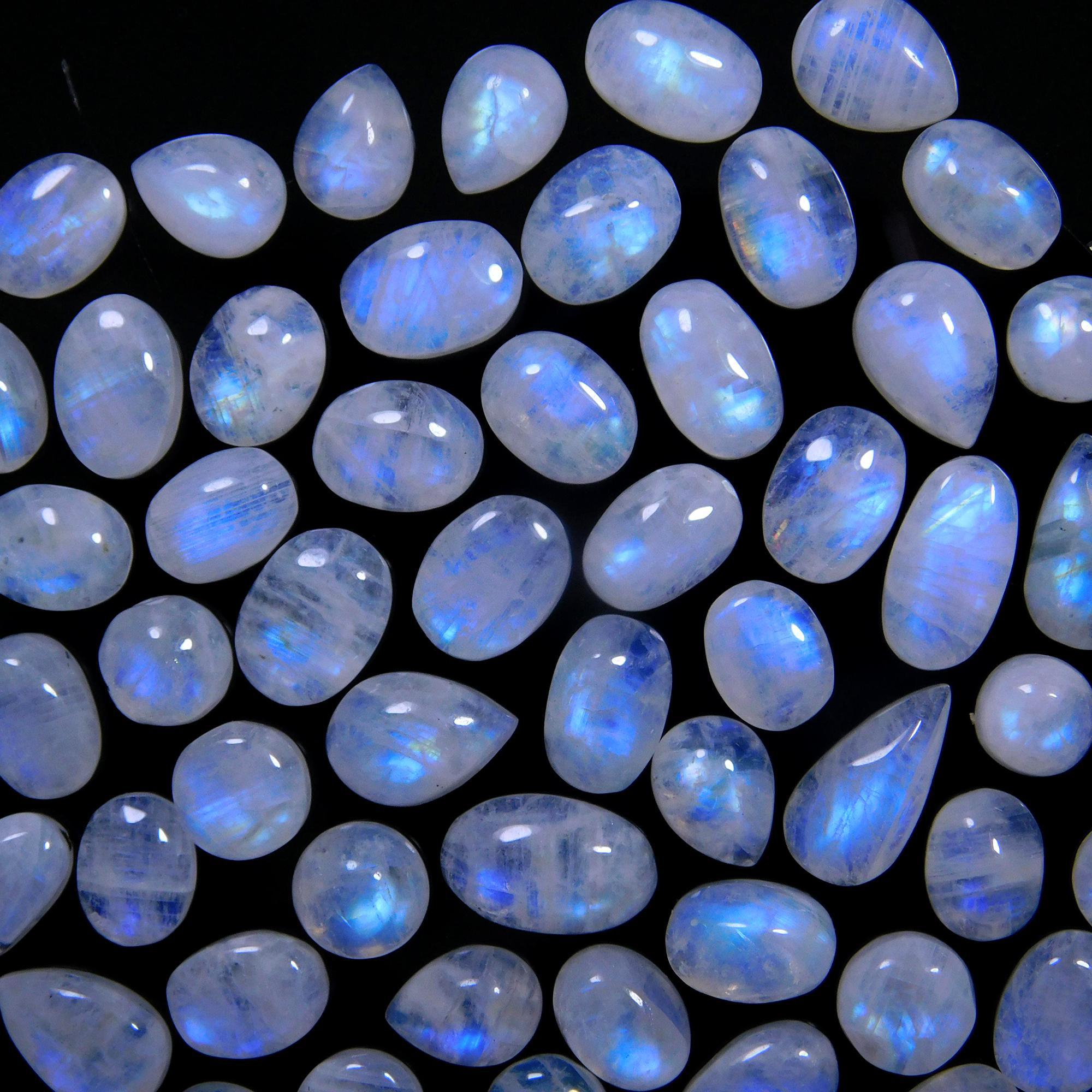 60 Pcs 104 Cts Natural Rainbow Moonstone Gemstone Cabochon Lot 5x7-5x11mmR-14048