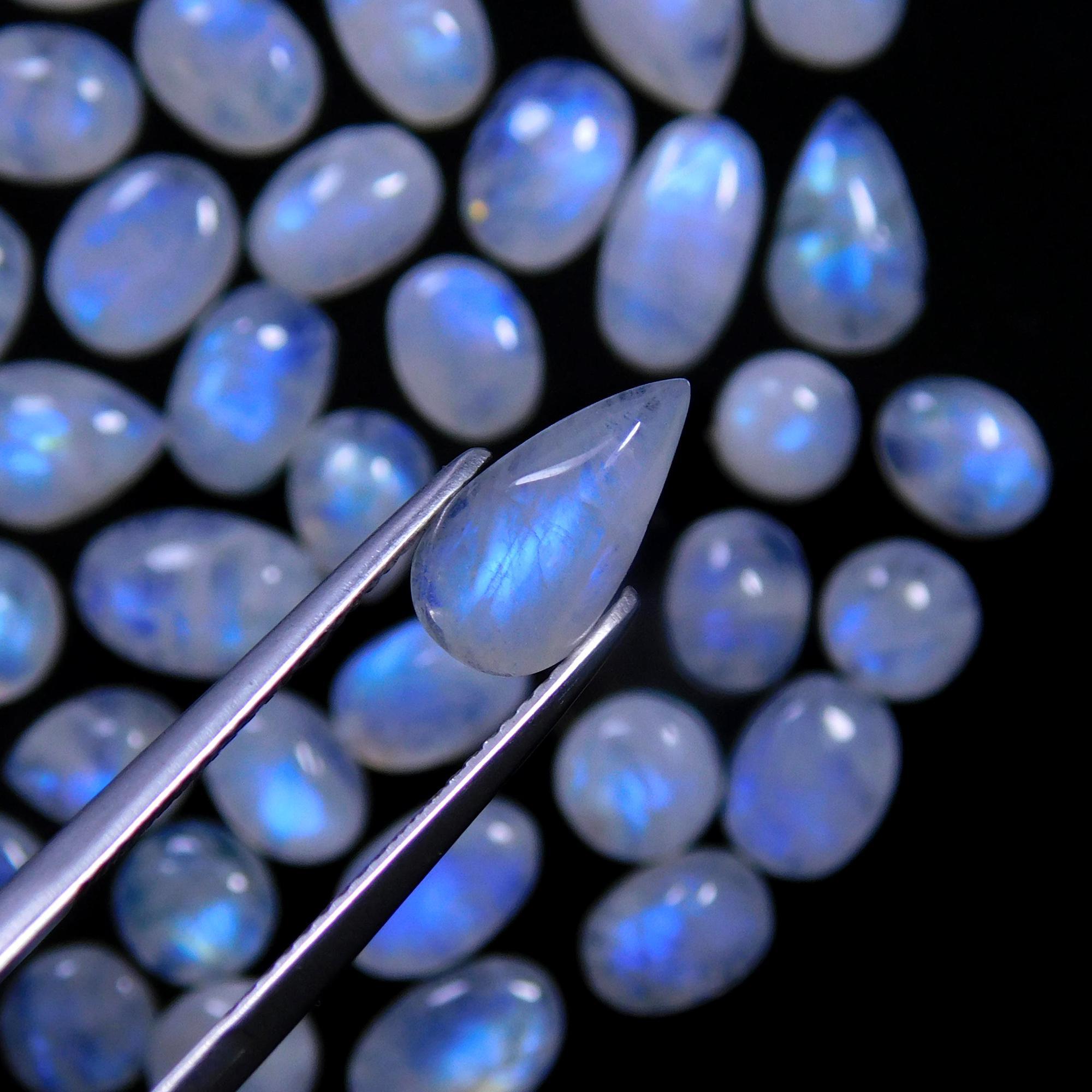 60 Pcs 104 Cts Natural Rainbow Moonstone Gemstone Cabochon Lot 5x7-5x11mmR-14048