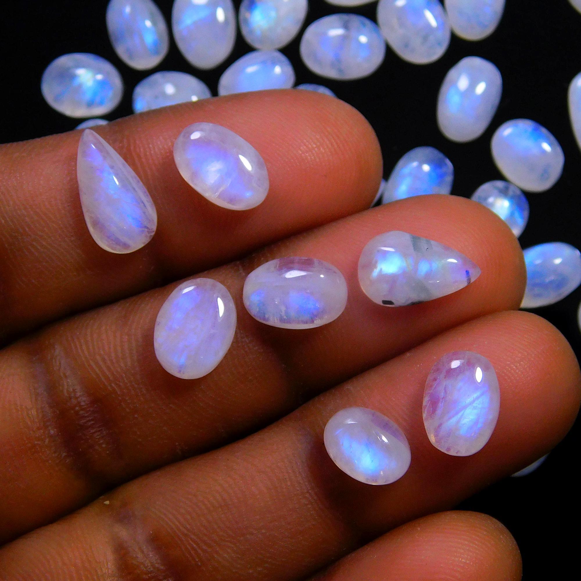 60 Pcs 104 Cts Natural Rainbow Moonstone Gemstone Cabochon Lot 5x7-5x11mmR-14048