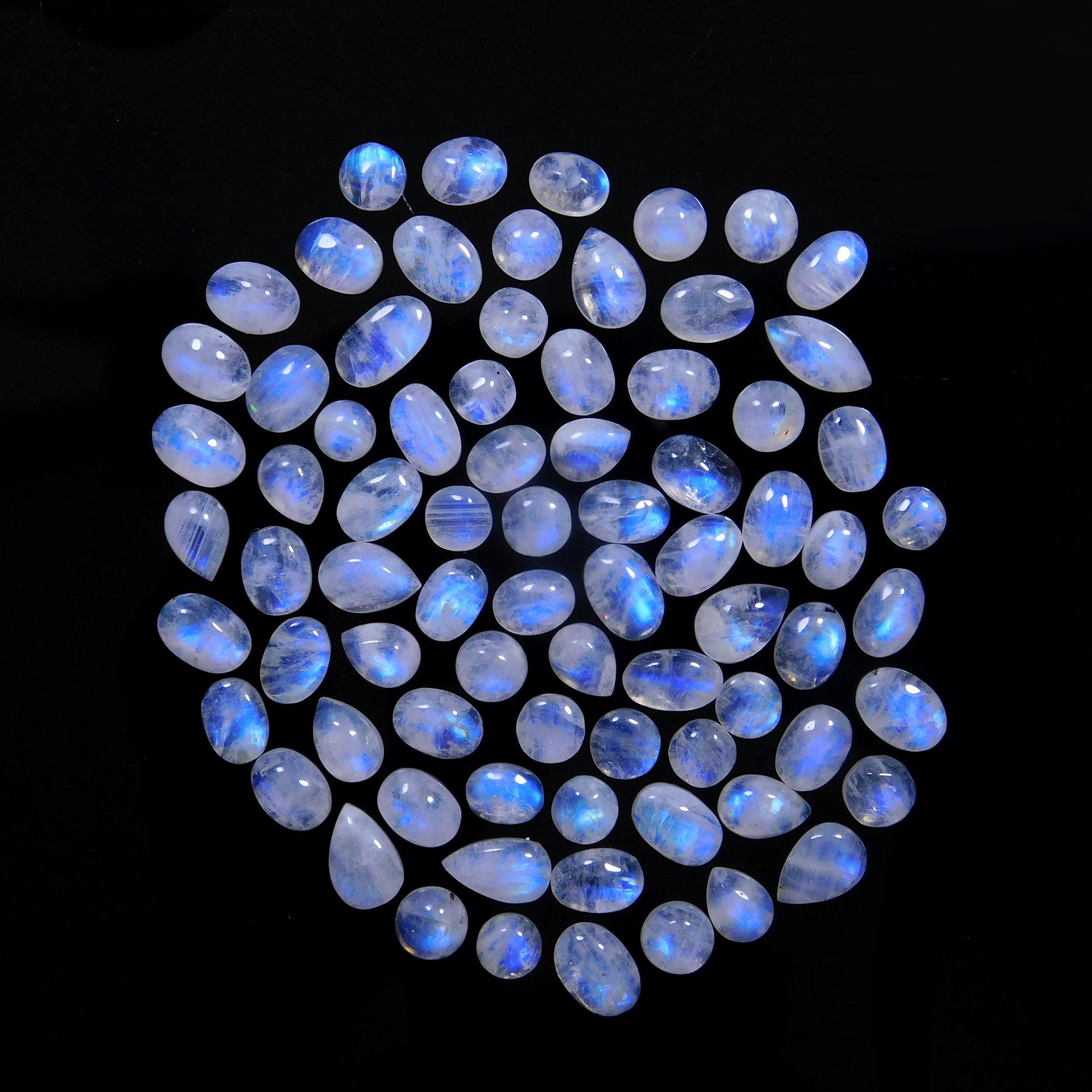 77 Pcs 126 Cts Natural Rainbow Moonstone Gemstone Cabochon Lot 5x7-6x9mm14049