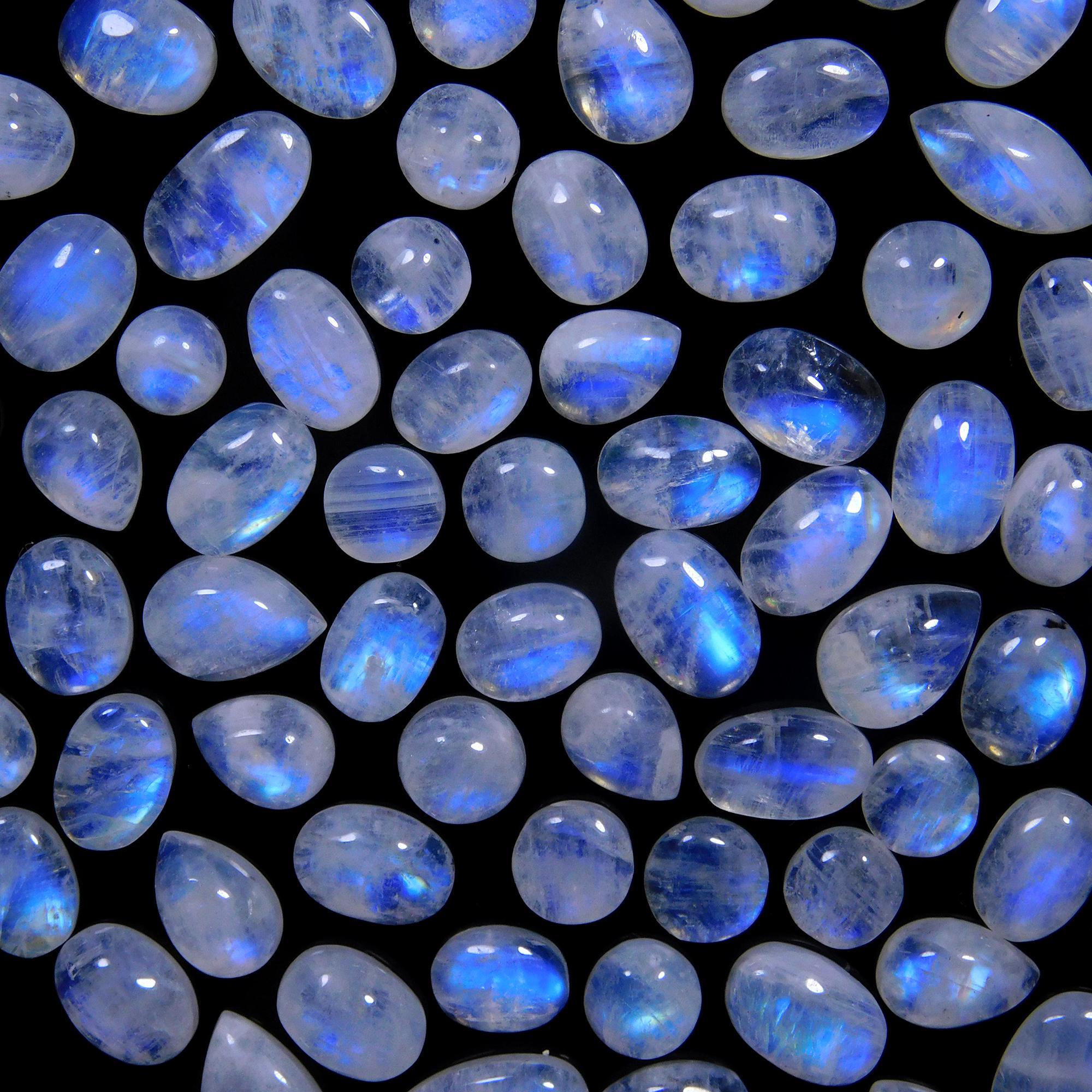 77 Pcs 126 Cts Natural Rainbow Moonstone Gemstone Cabochon Lot 5x7-6x9mm14049