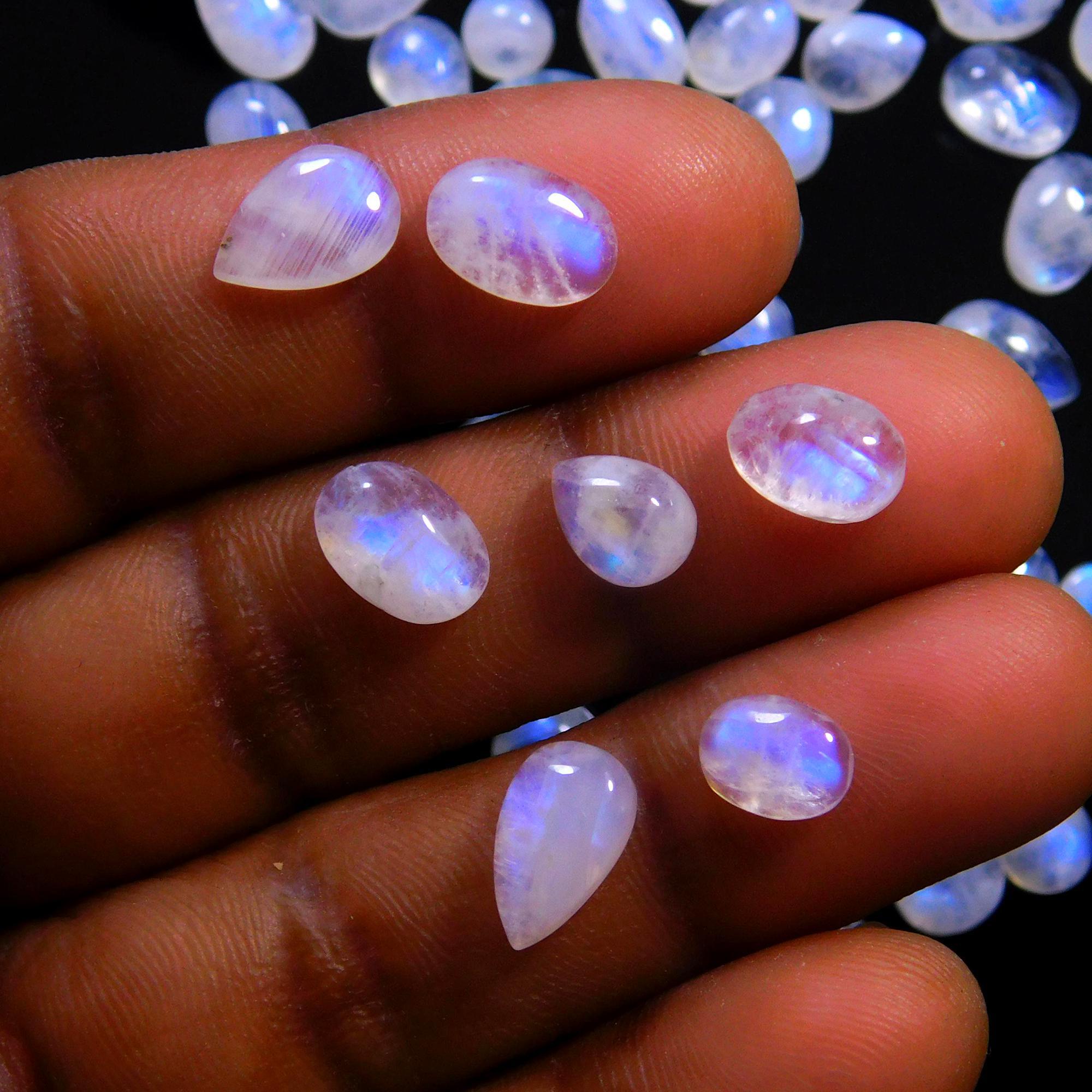 77 Pcs 126 Cts Natural Rainbow Moonstone Gemstone Cabochon Lot 5x7-6x9mmR-14049