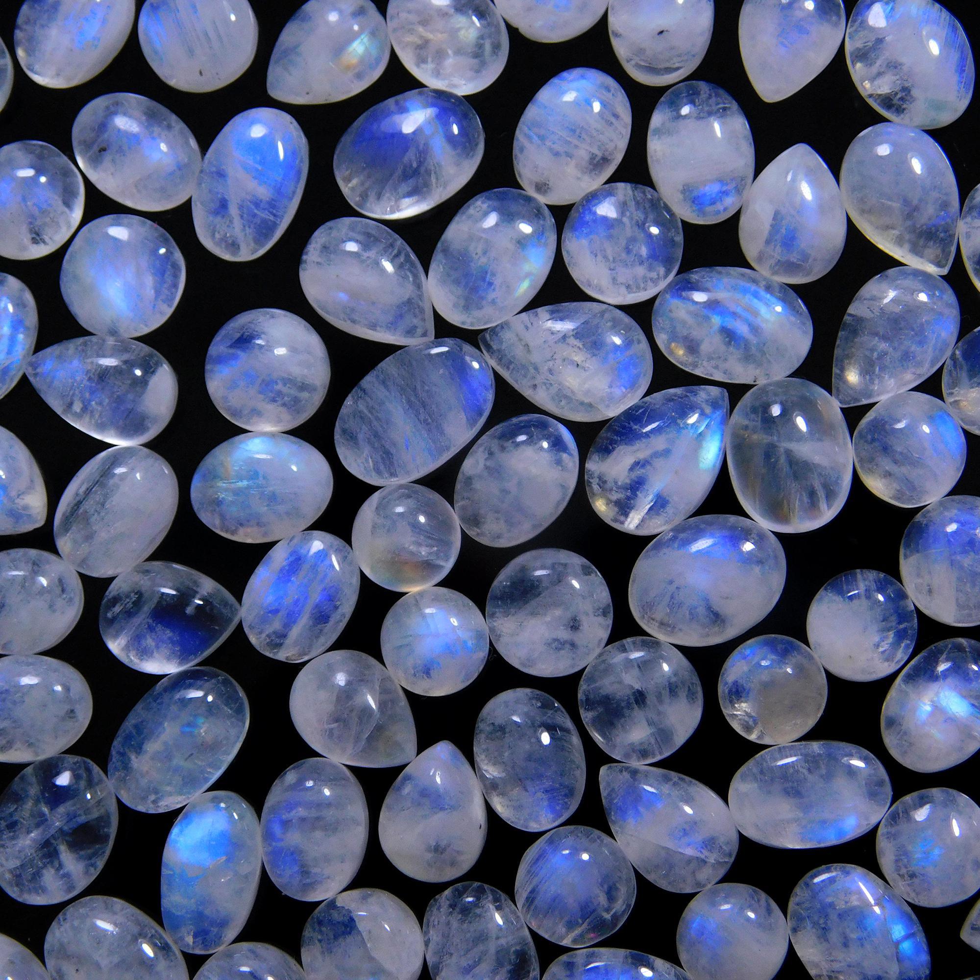 118 Pcs 178 Cts Natural Rainbow Moonstone Gemstone Cabochon Lot 5x7-6x10mm14050