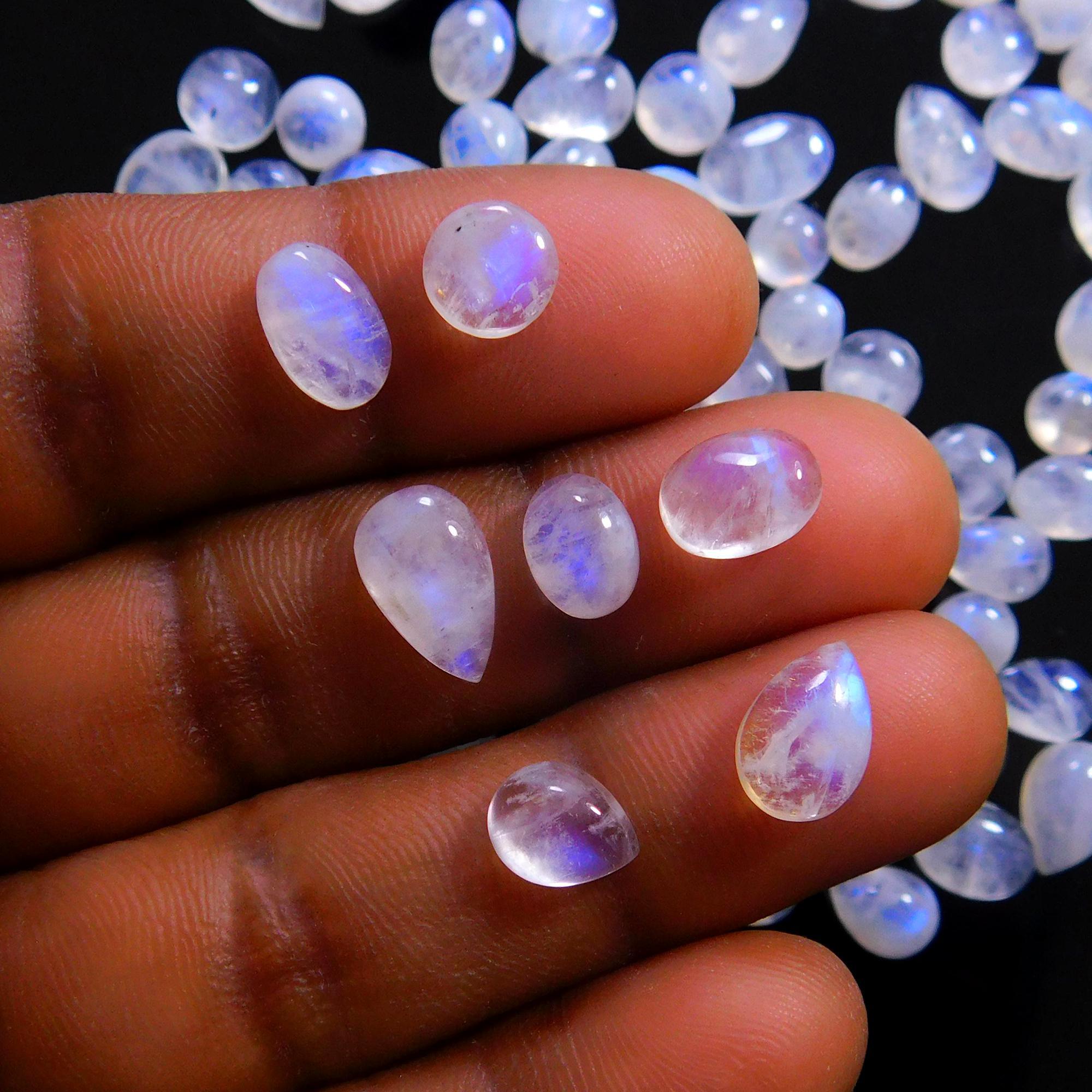 118 Pcs 178 Cts Natural Rainbow Moonstone Gemstone Cabochon Lot 5x7-6x10mm14050