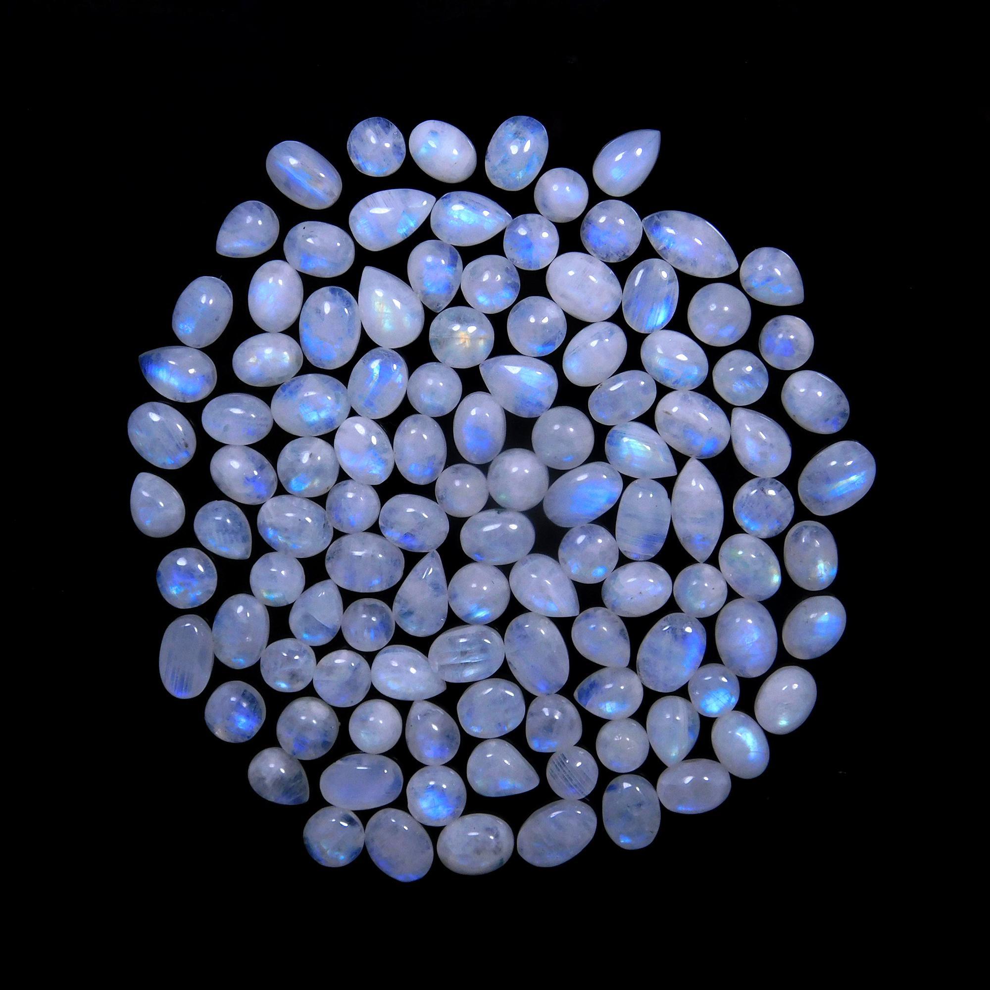 108 Pcs 178 Cts Natural Rainbow Moonstone Gemstone Cabochon Lot 5x7-6x9mm14051