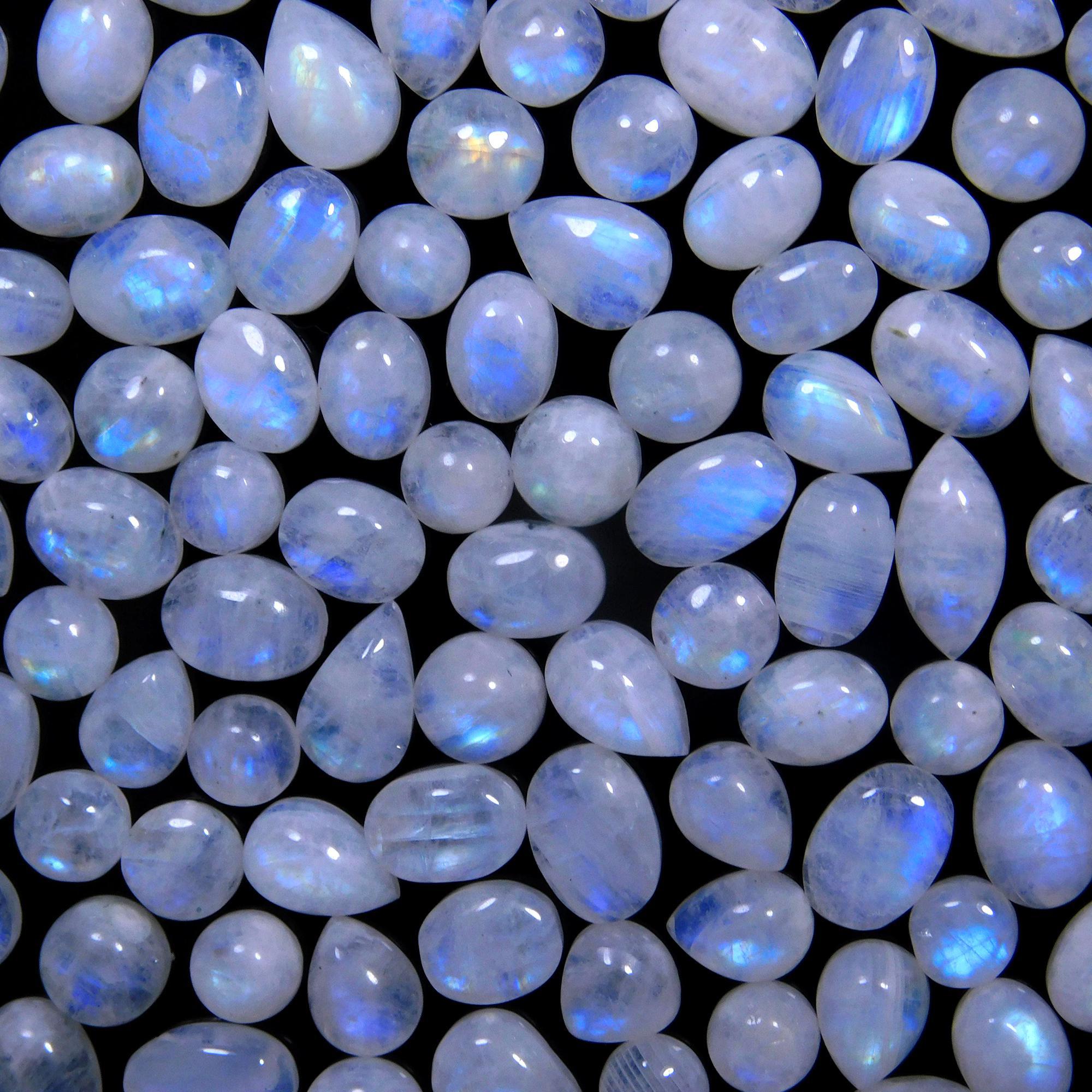 108 Pcs 178 Cts Natural Rainbow Moonstone Gemstone Cabochon Lot 5x7-6x9mm14051