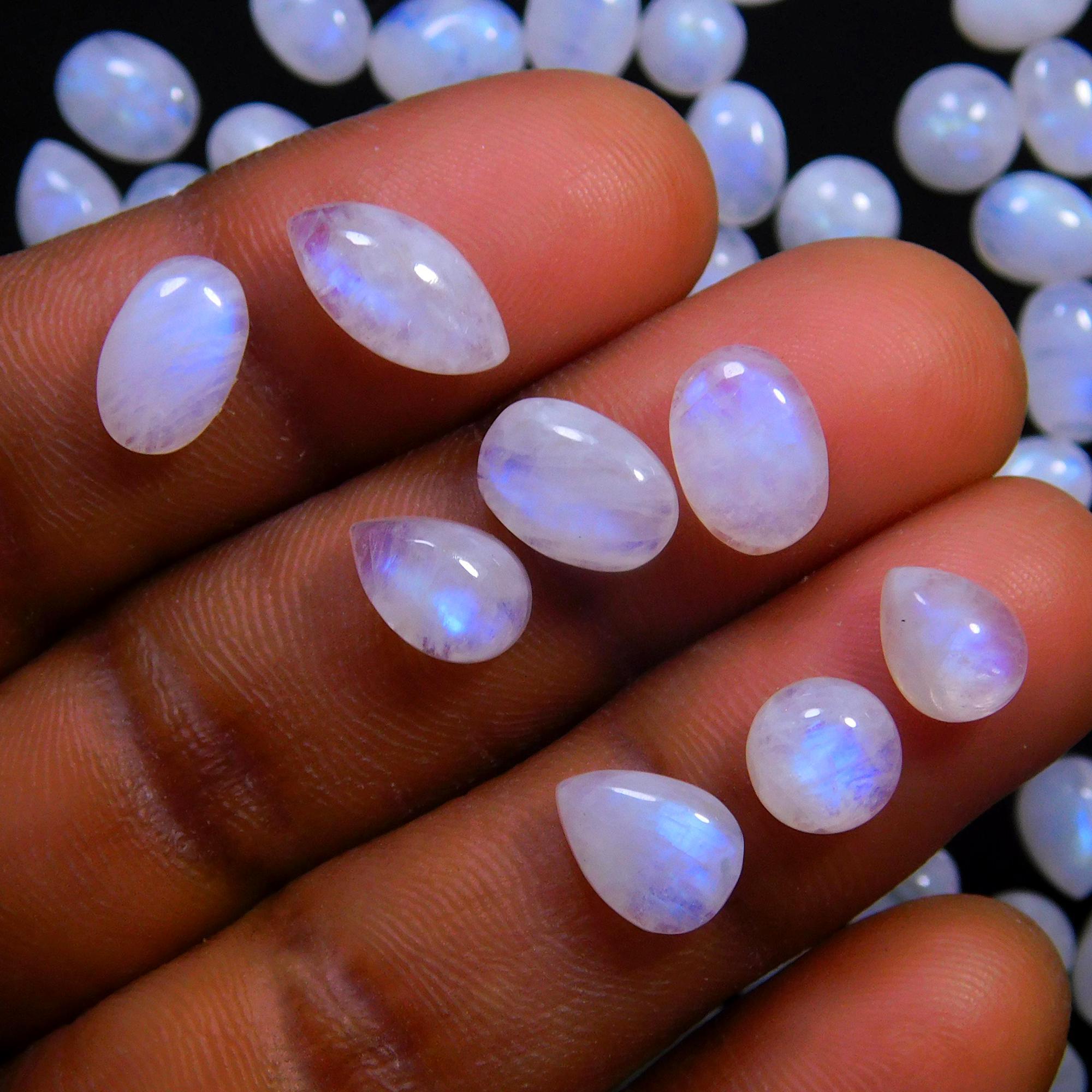 108 Pcs 178 Cts Natural Rainbow Moonstone Gemstone Cabochon Lot 5x7-6x9mm14051