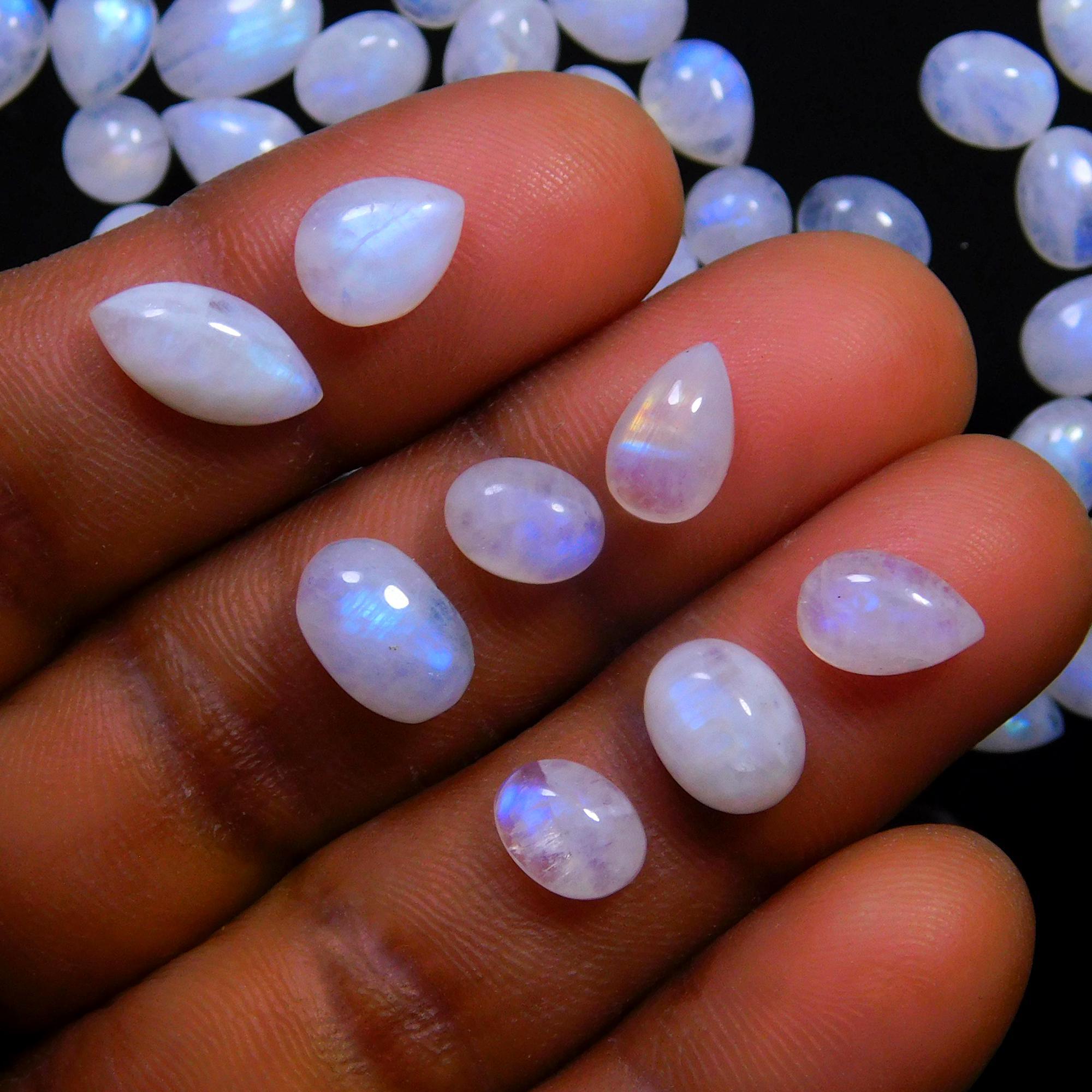 162 Pcs 248 Cts Natural Rainbow Moonstone Gemstone Cabochon Lot 5x7-5x11mmR-14052