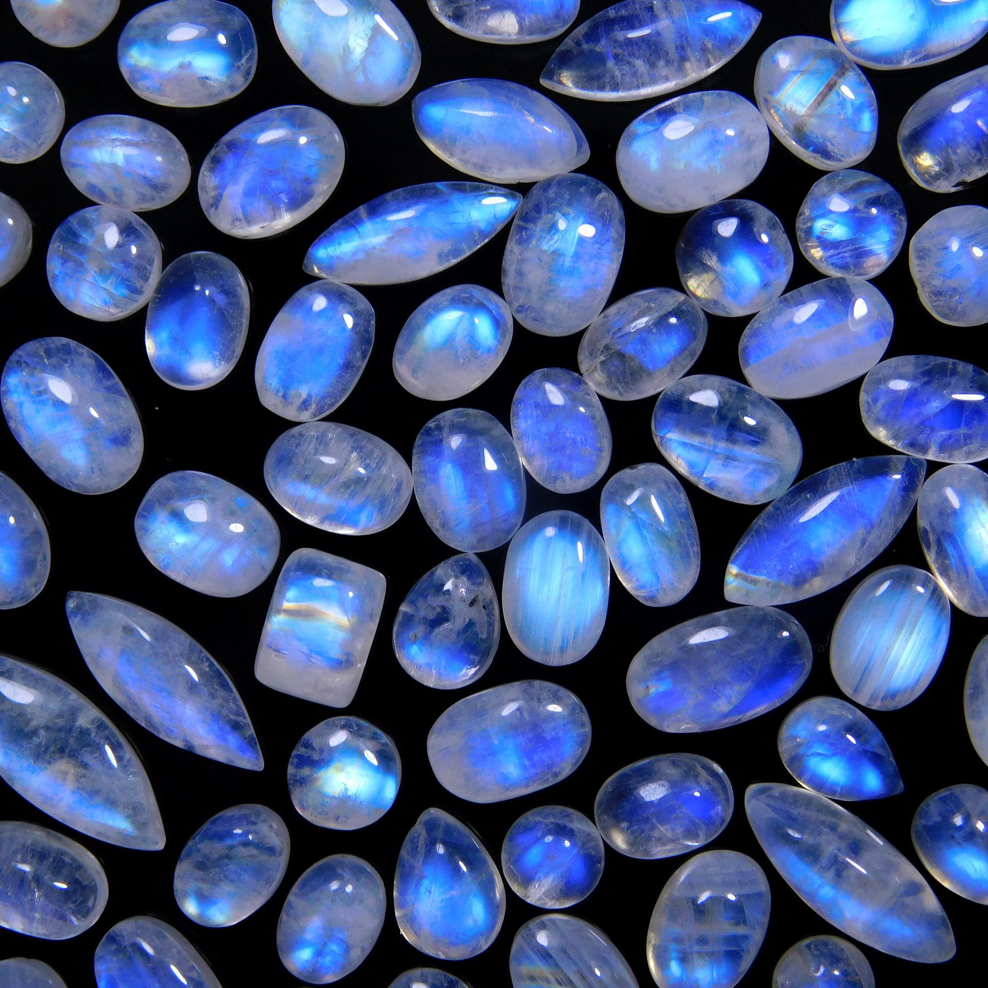 79 Pcs 96 Cts Natural Rainbow Moonstone Gemstone Cabochon Lot 4x6-5x14mm14054