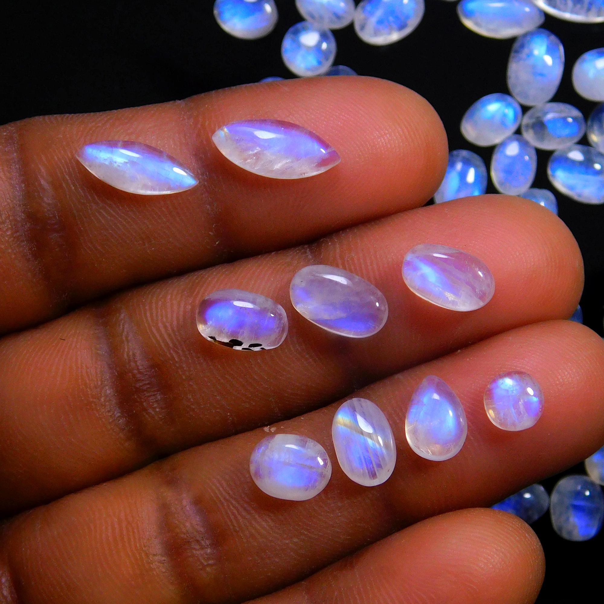 79 Pcs 96 Cts Natural Rainbow Moonstone Gemstone Cabochon Lot 4x6-5x14mm14054