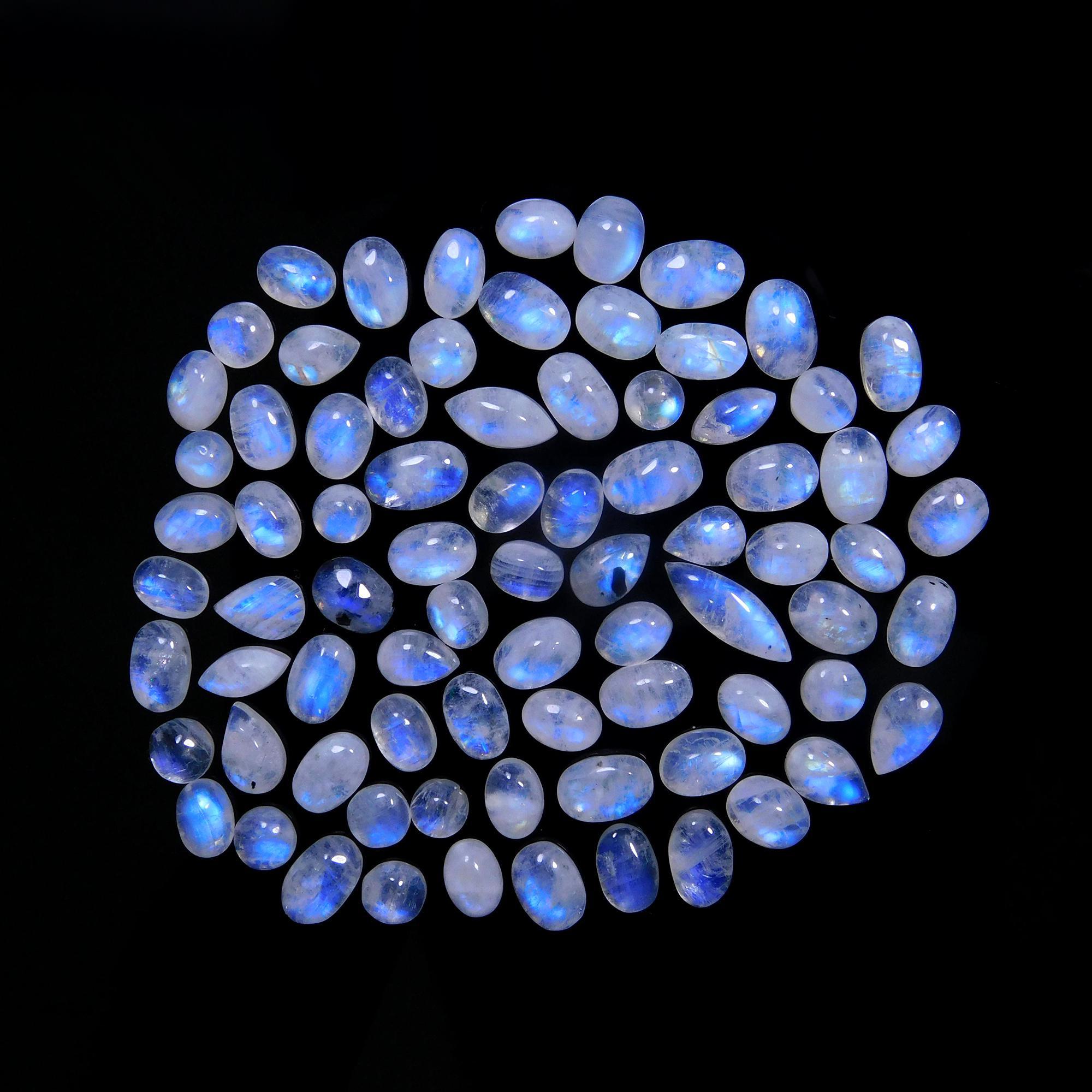 79 Pcs 89 Cts Natural Rainbow Moonstone Gemstone Cabochon Lot 4x6-4x13mm14055