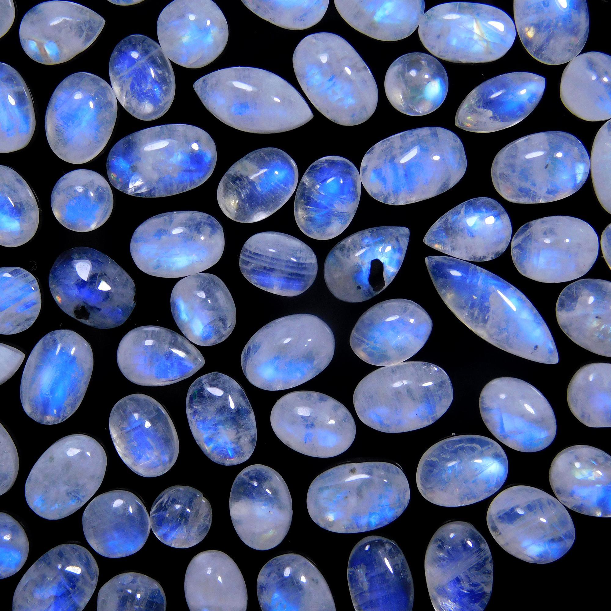 79 Pcs 89 Cts Natural Rainbow Moonstone Gemstone Cabochon Lot 4x6-4x13mm14055