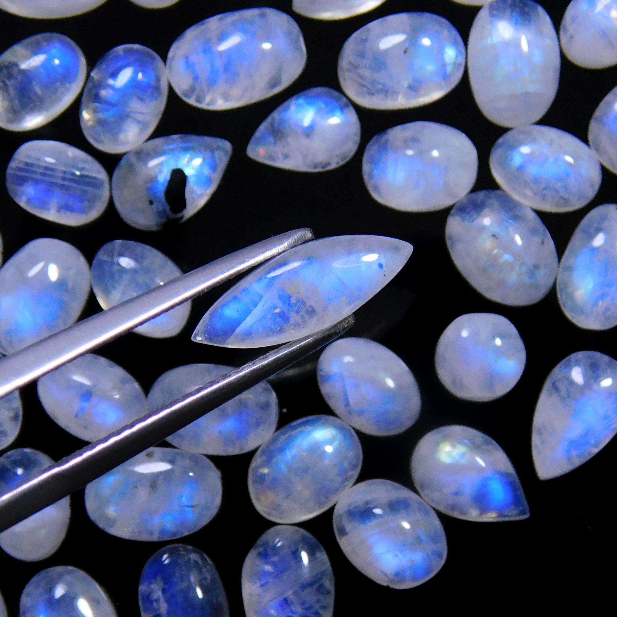 79 Pcs 89 Cts Natural Rainbow Moonstone Gemstone Cabochon Lot 4x6-4x13mm14055