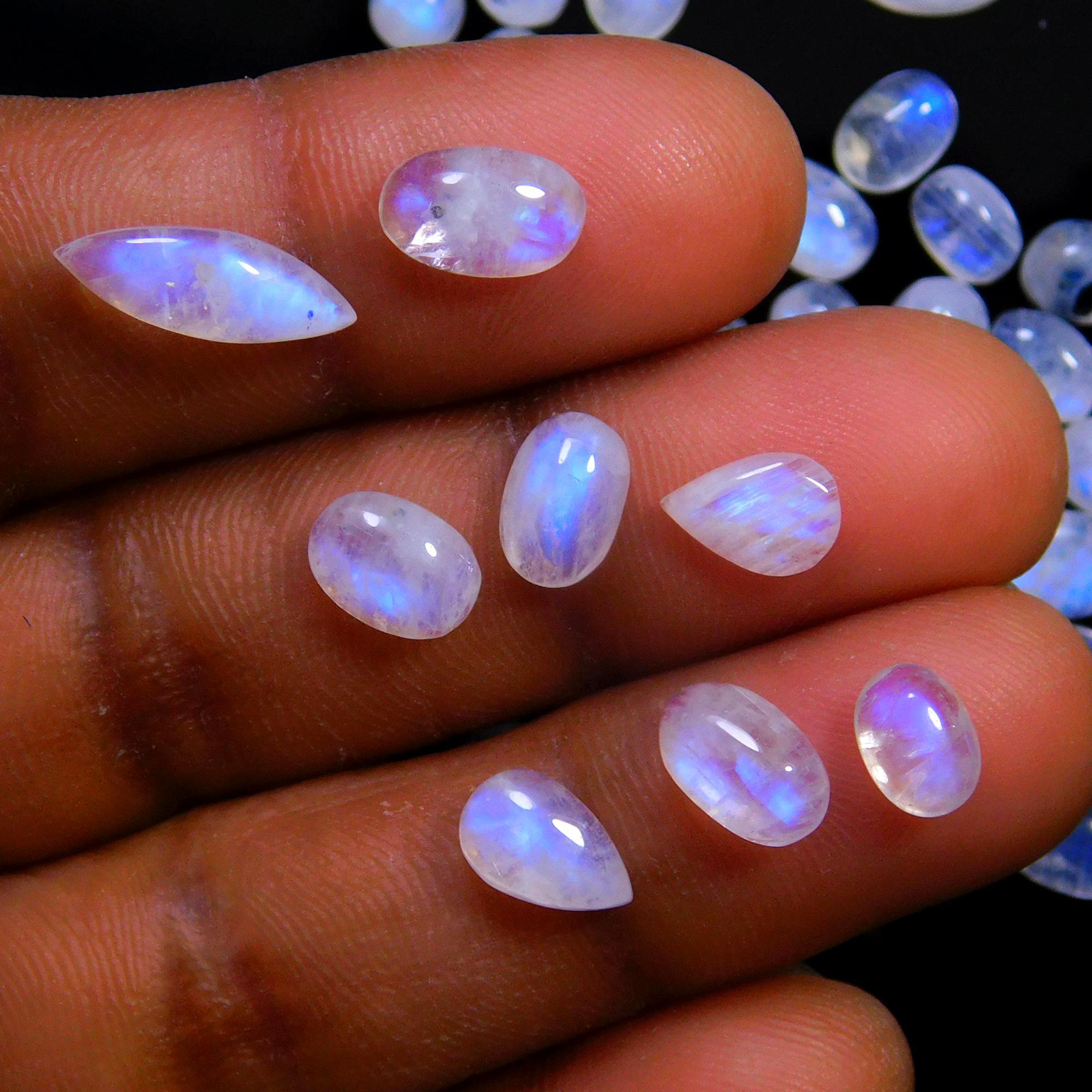 79 Pcs 89 Cts Natural Rainbow Moonstone Gemstone Cabochon Lot 4x6-4x13mm14055