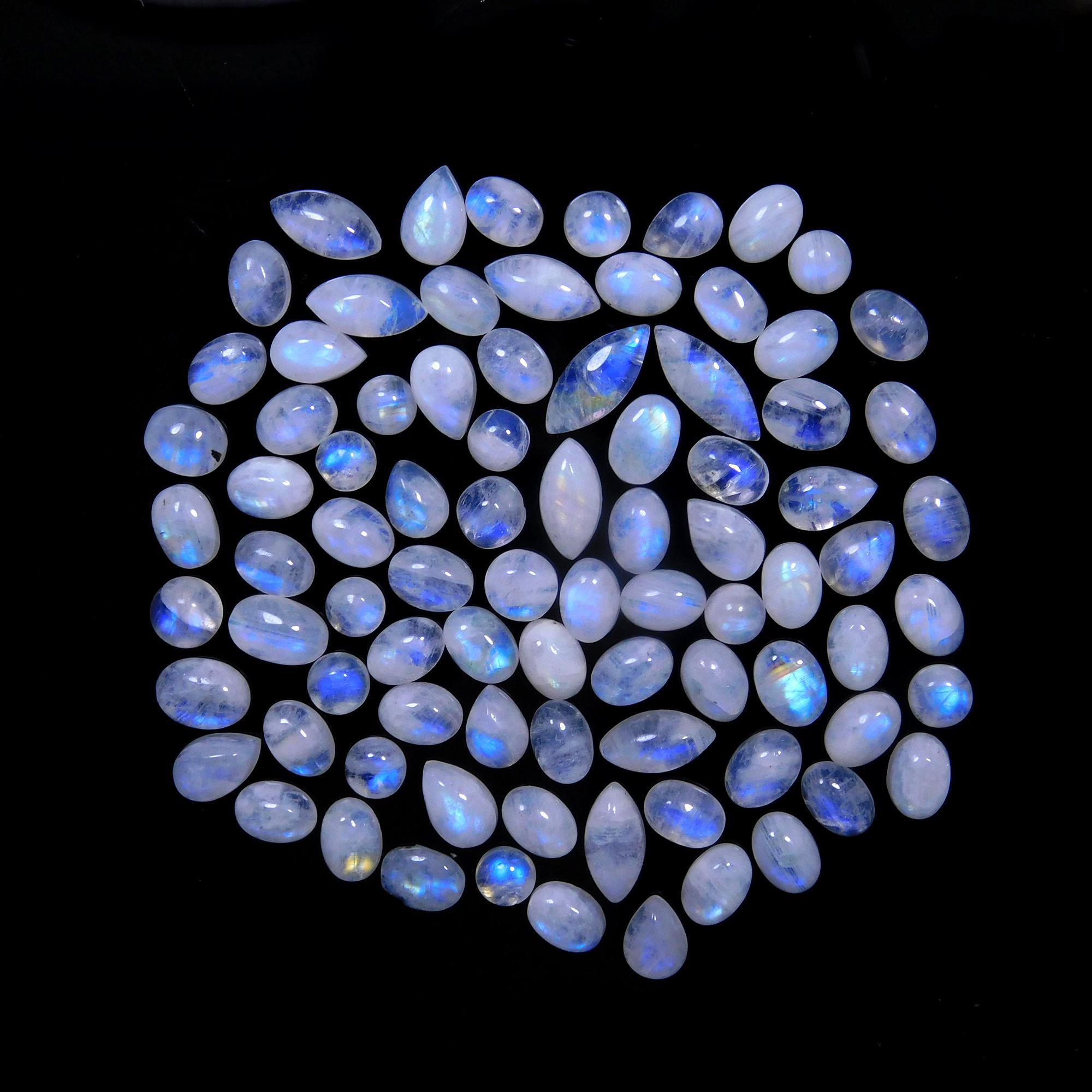 85 Pcs 86 Cts Natural Rainbow Moonstone Gemstone Cabochon Lot 4x6-4x11mm14056