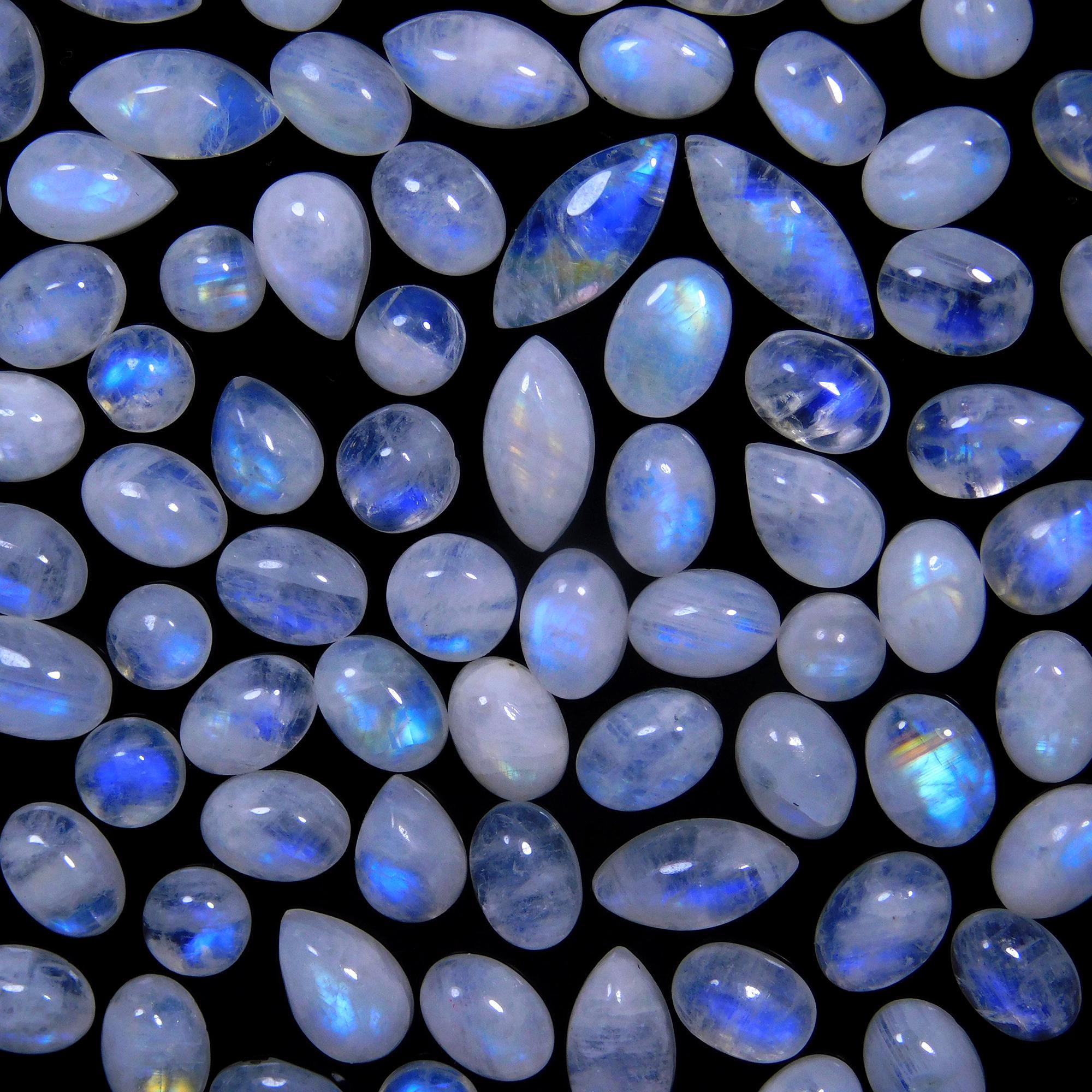 85 Pcs 86 Cts Natural Rainbow Moonstone Gemstone Cabochon Lot 4x6-4x11mmR-14056