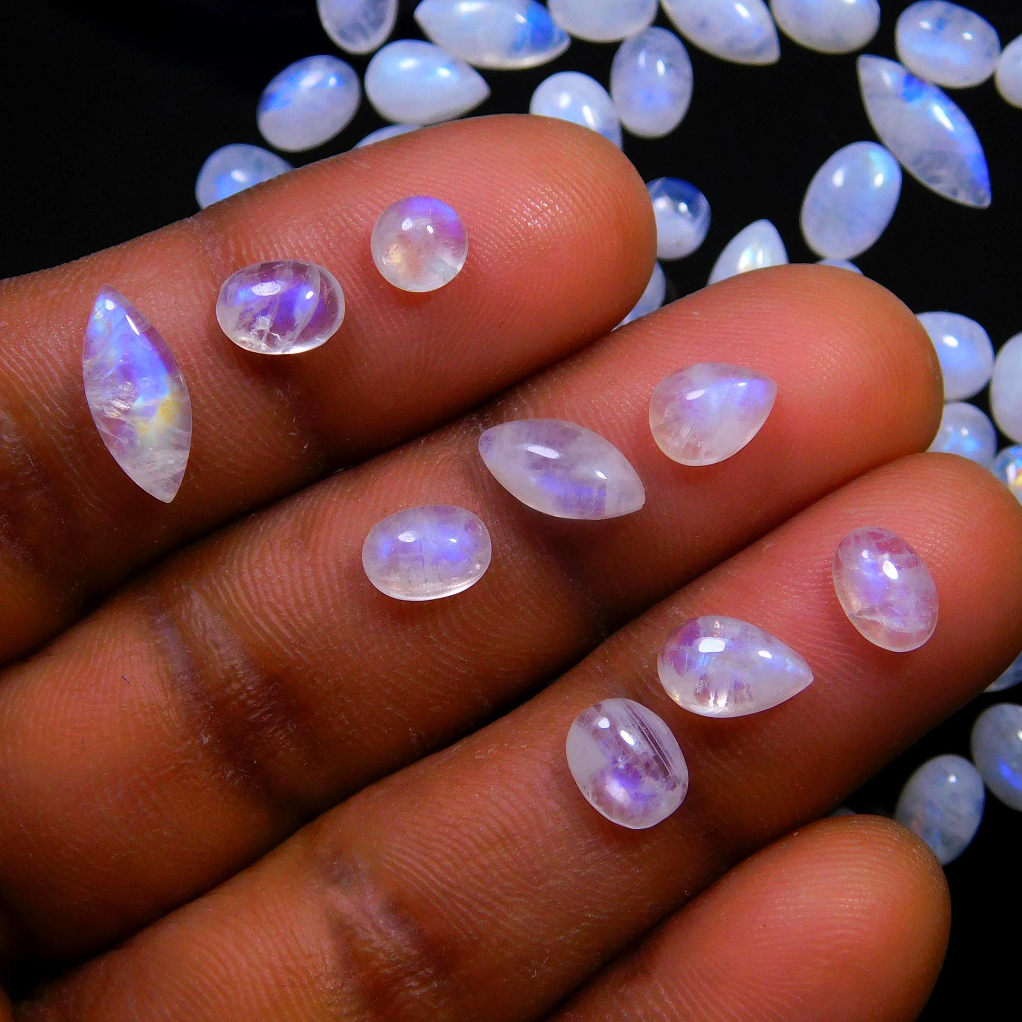 85 Pcs 86 Cts Natural Rainbow Moonstone Gemstone Cabochon Lot 4x6-4x11mm14056