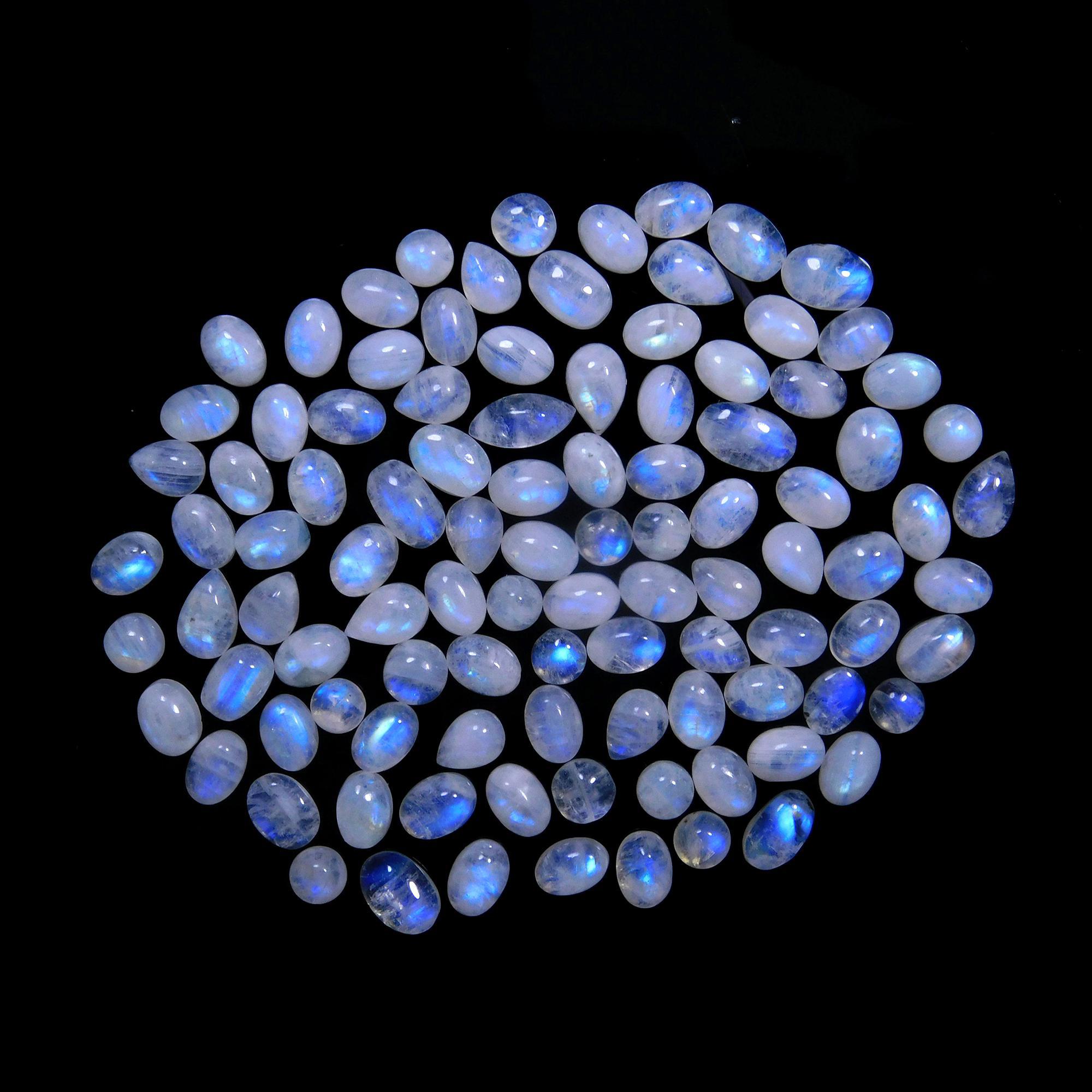 101 Pcs 102 Cts Natural Rainbow Moonstone Gemstone Cabochon Lot 4x6-4x8mm14057