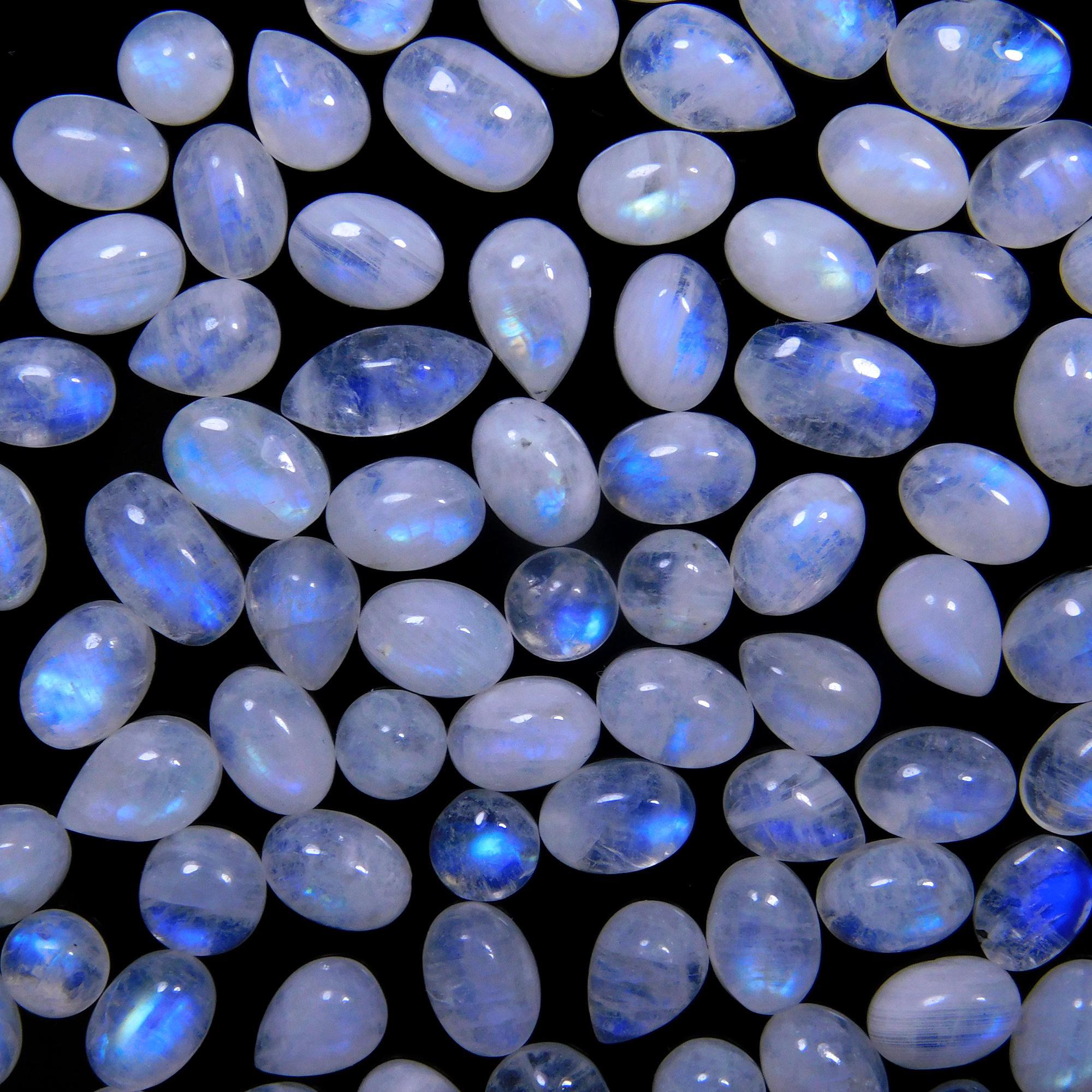 101 Pcs 102 Cts Natural Rainbow Moonstone Gemstone Cabochon Lot 4x6-4x8mm14057