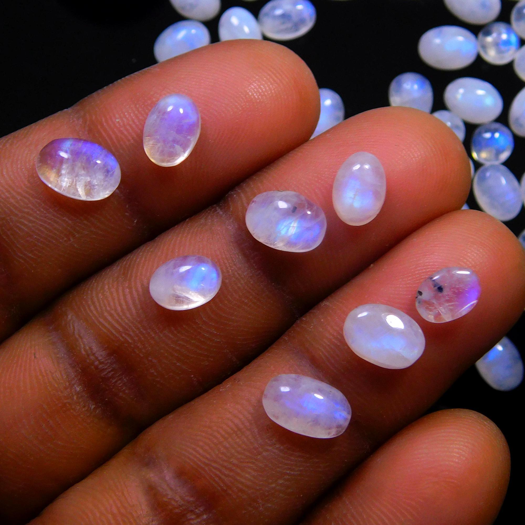 101 Pcs 102 Cts Natural Rainbow Moonstone Gemstone Cabochon Lot 4x6-4x8mm14057