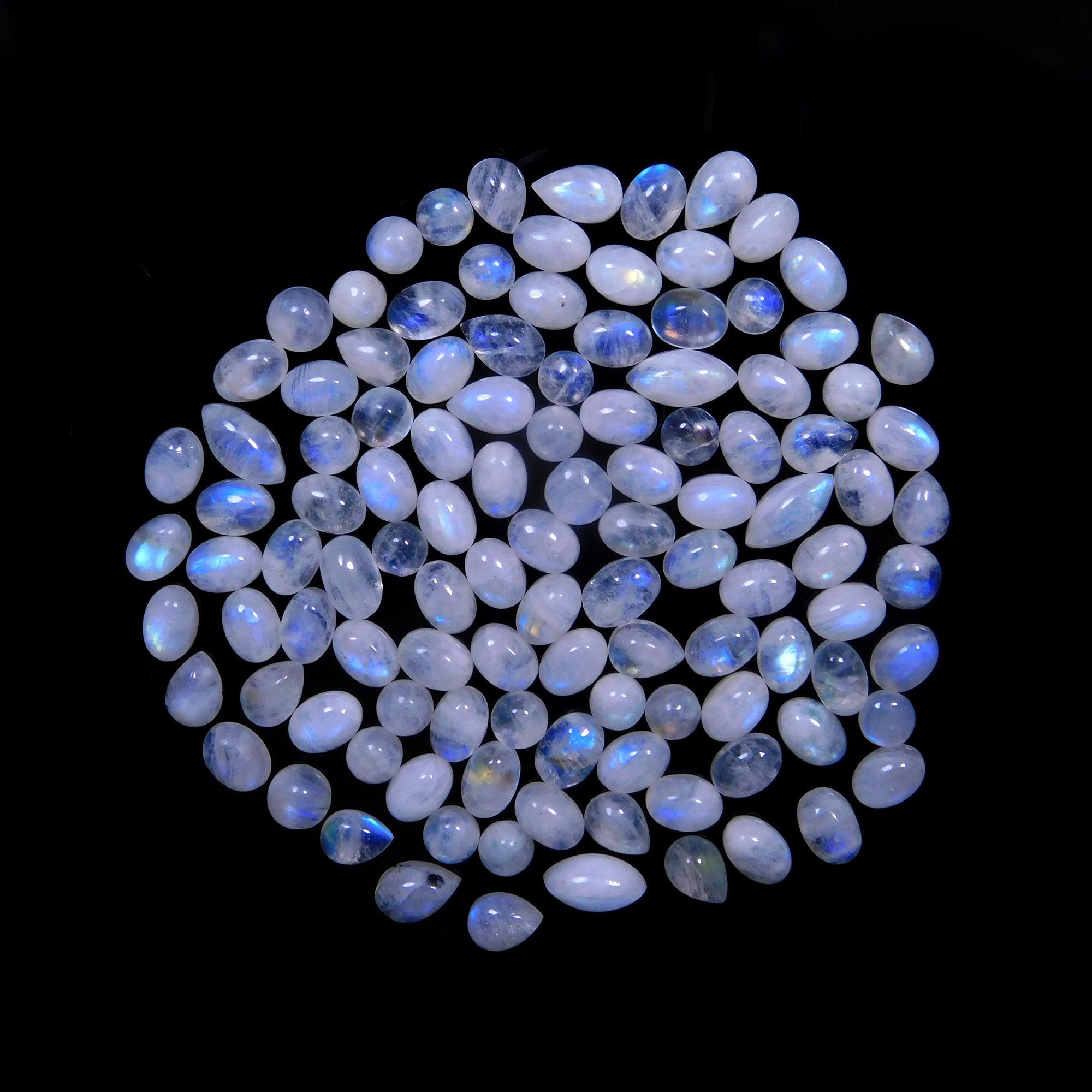 114 Pcs 110 Cts Natural Rainbow Moonstone Gemstone Cabochon Lot 4x6-5x9mmR-14058