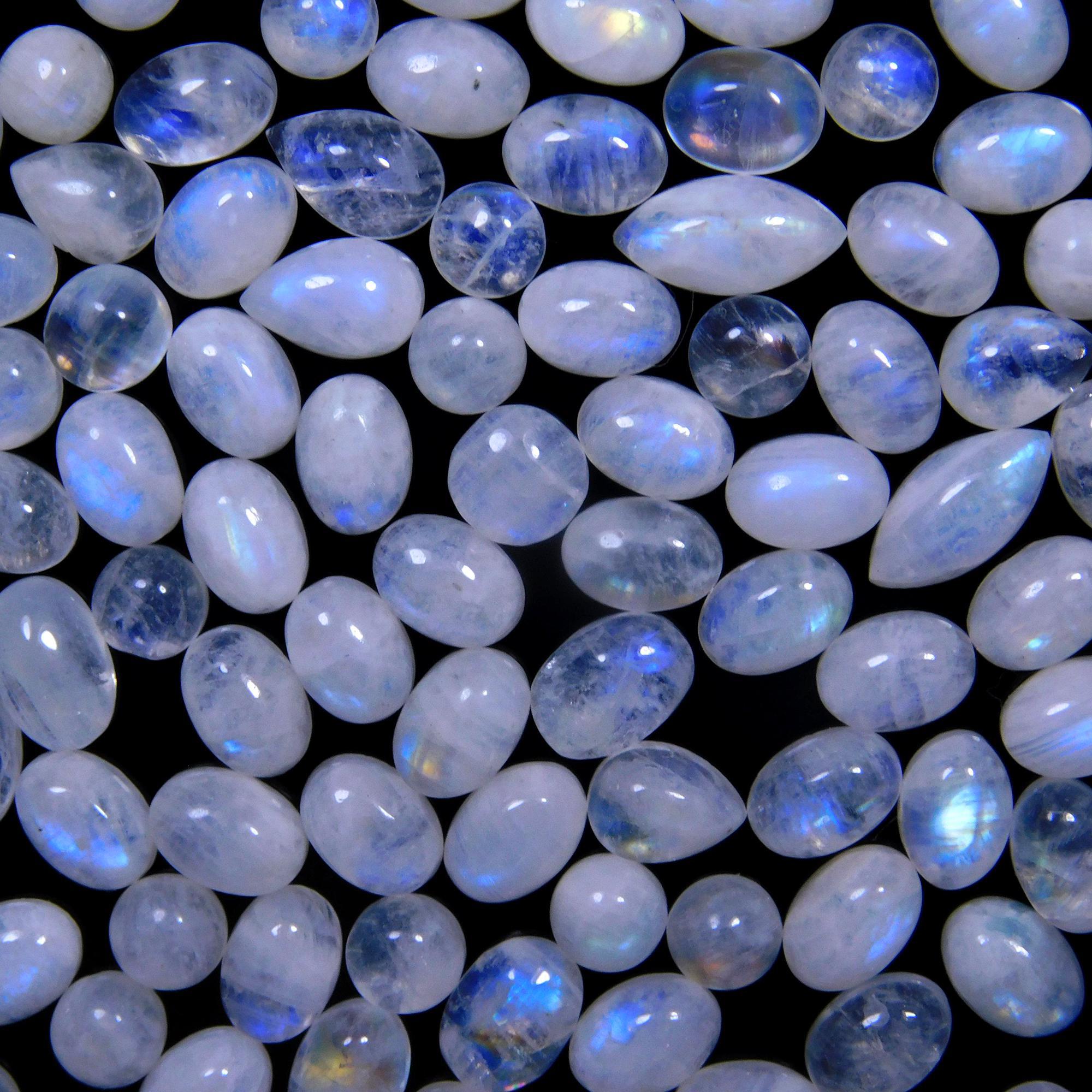 114 Pcs 110 Cts Natural Rainbow Moonstone Gemstone Cabochon Lot 4x6-5x9mm14058