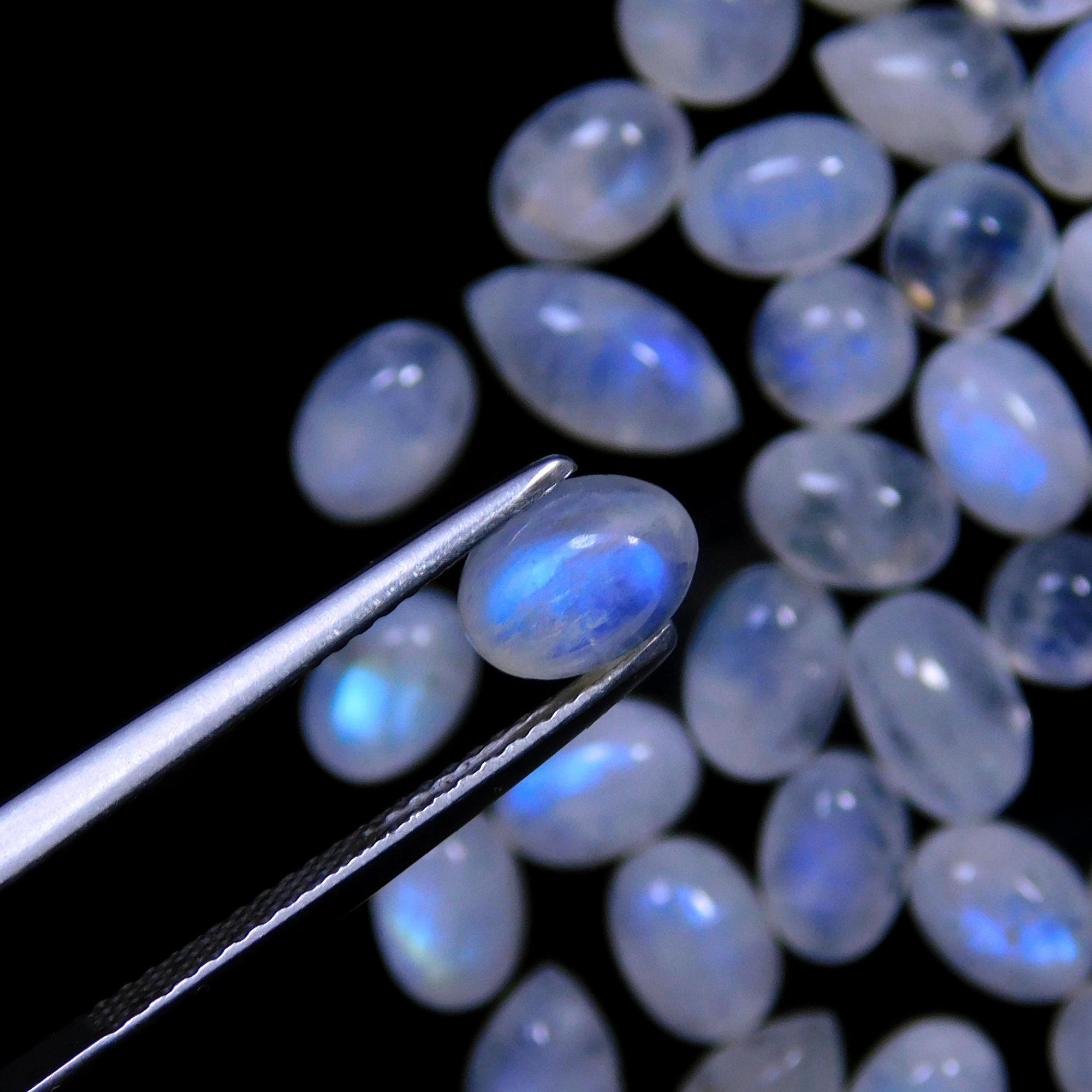 114 Pcs 110 Cts Natural Rainbow Moonstone Gemstone Cabochon Lot 4x6-5x9mm14058