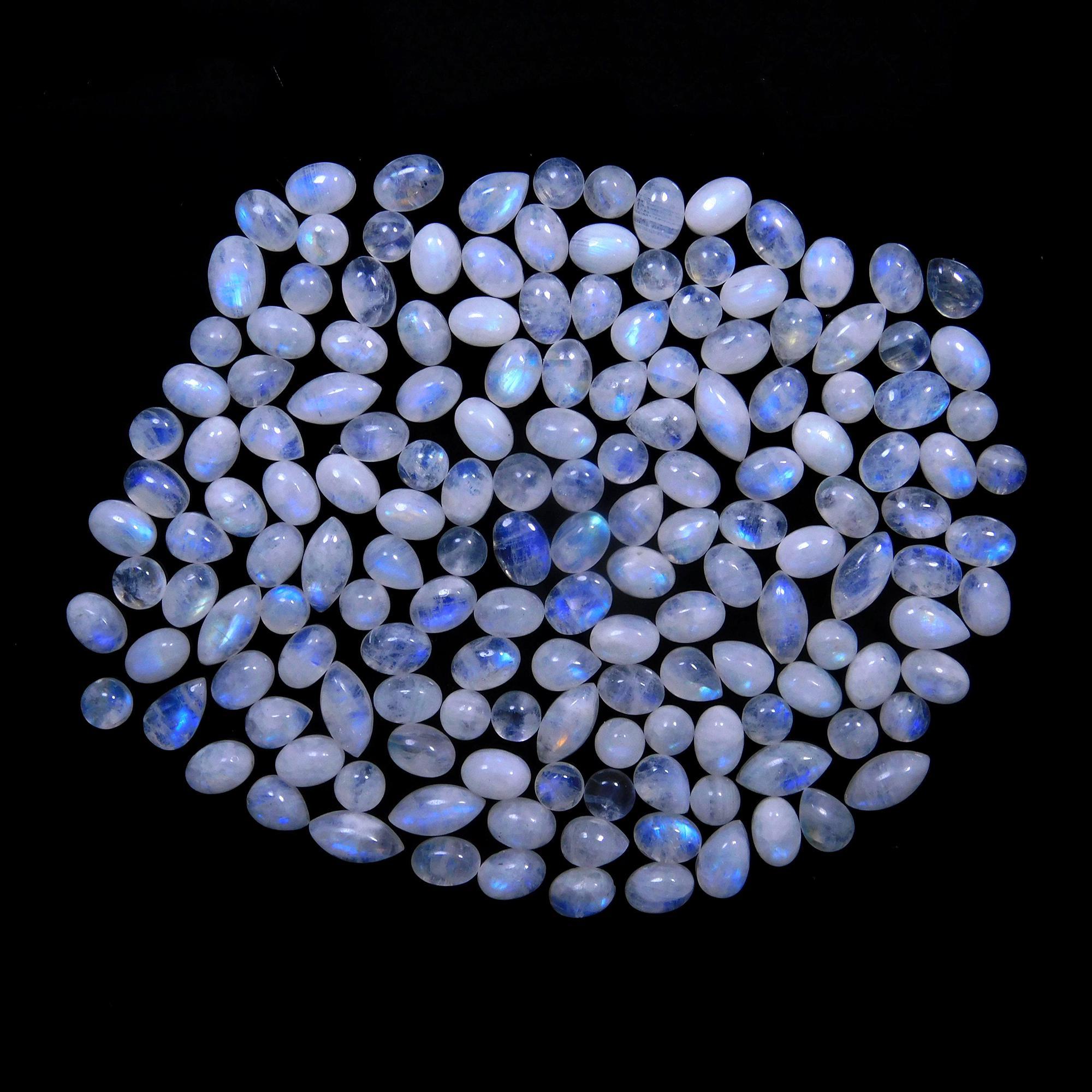 157 Pcs 153 Cts Natural Rainbow Moonstone Gemstone Cabochon Lot 4x6-4x9mm14059