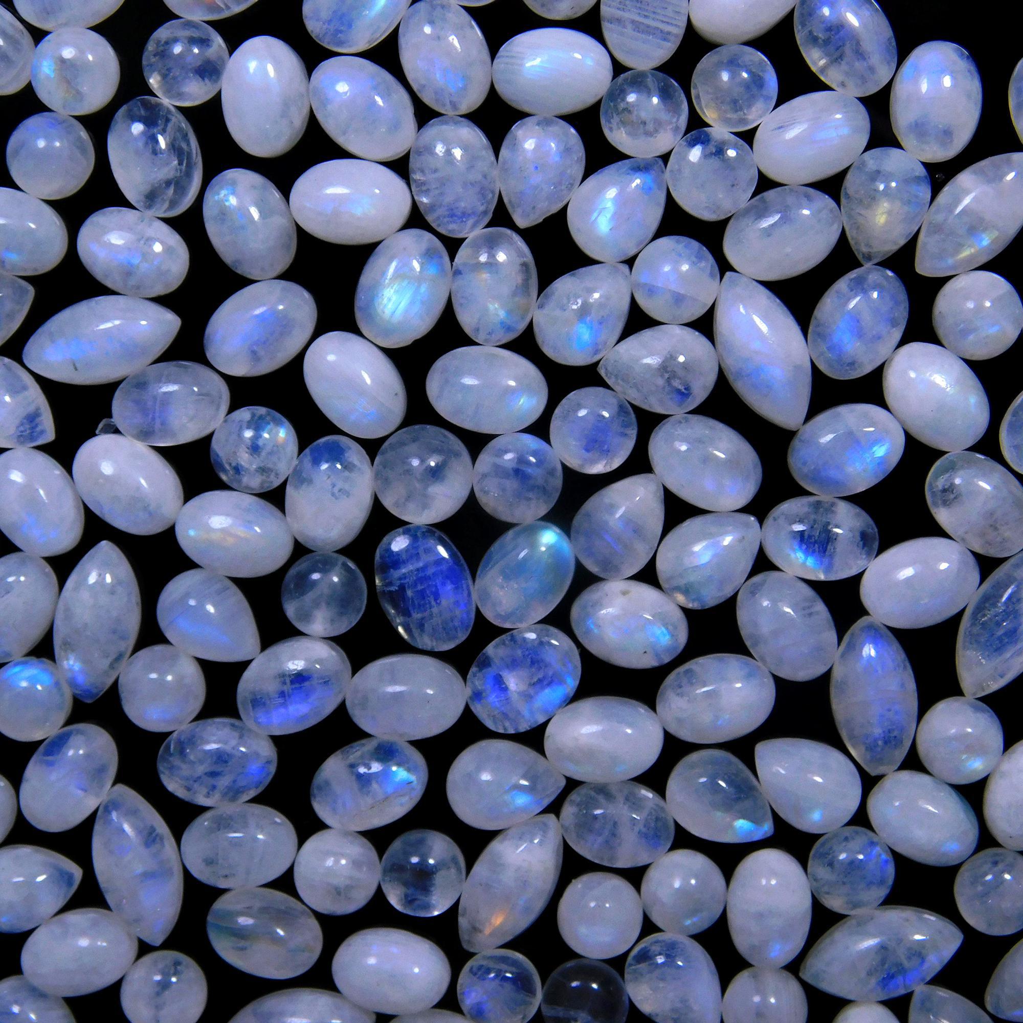 157 Pcs 153 Cts Natural Rainbow Moonstone Gemstone Cabochon Lot 4x6-4x9mm14059