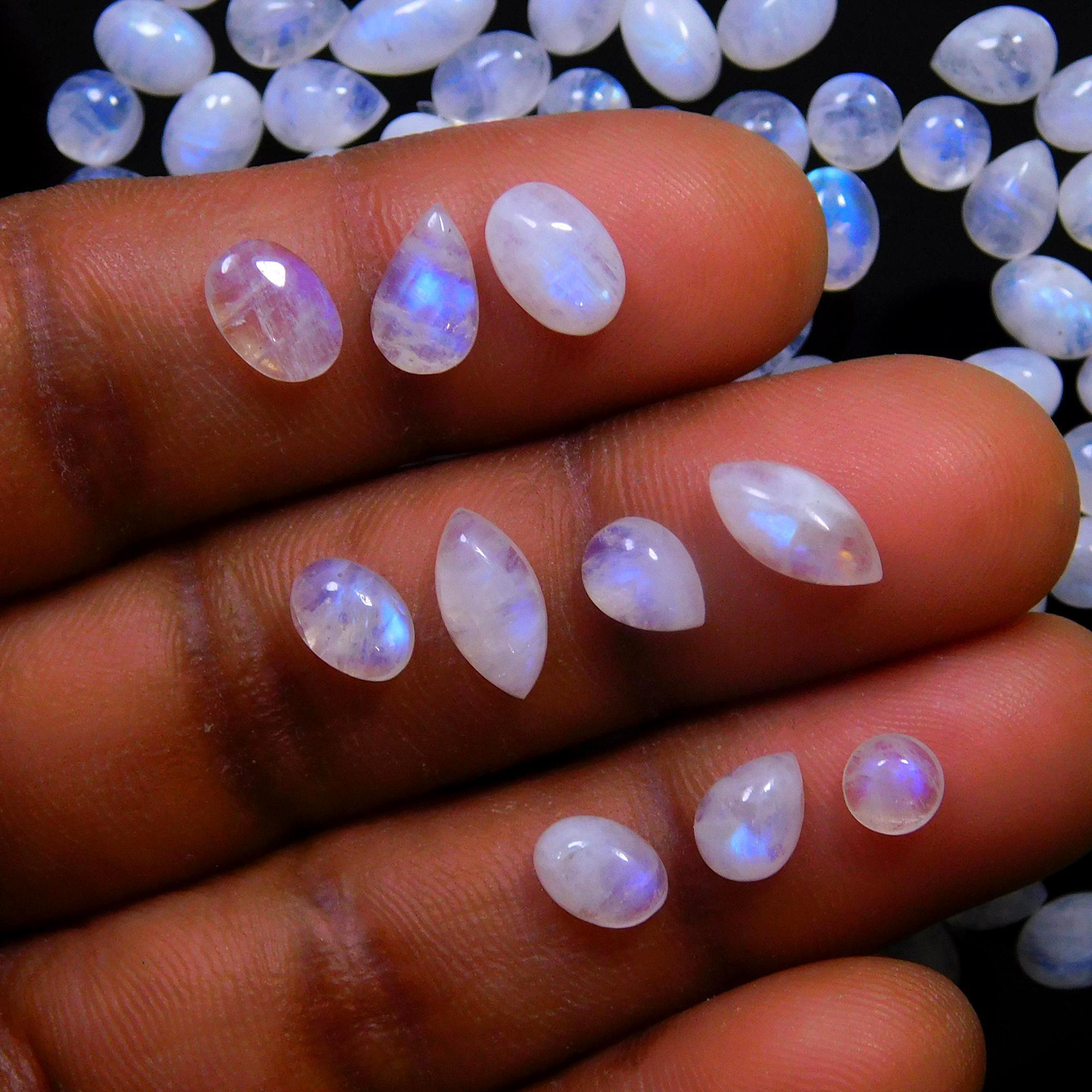 157 Pcs 153 Cts Natural Rainbow Moonstone Gemstone Cabochon Lot 4x6-4x9mm14059