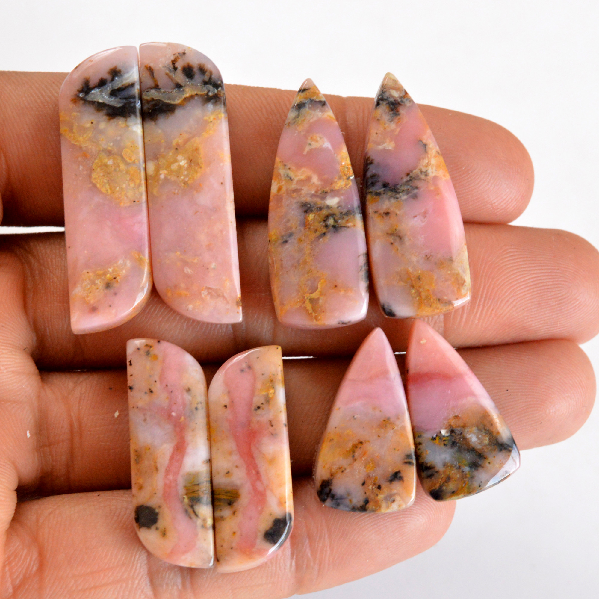 4 Pair 124 Cts Natural Smooth Pink Opal Pairs Mix Loose Gemstone Cabochon Wholesale Lot Size 23x12-36x10mm R-14214