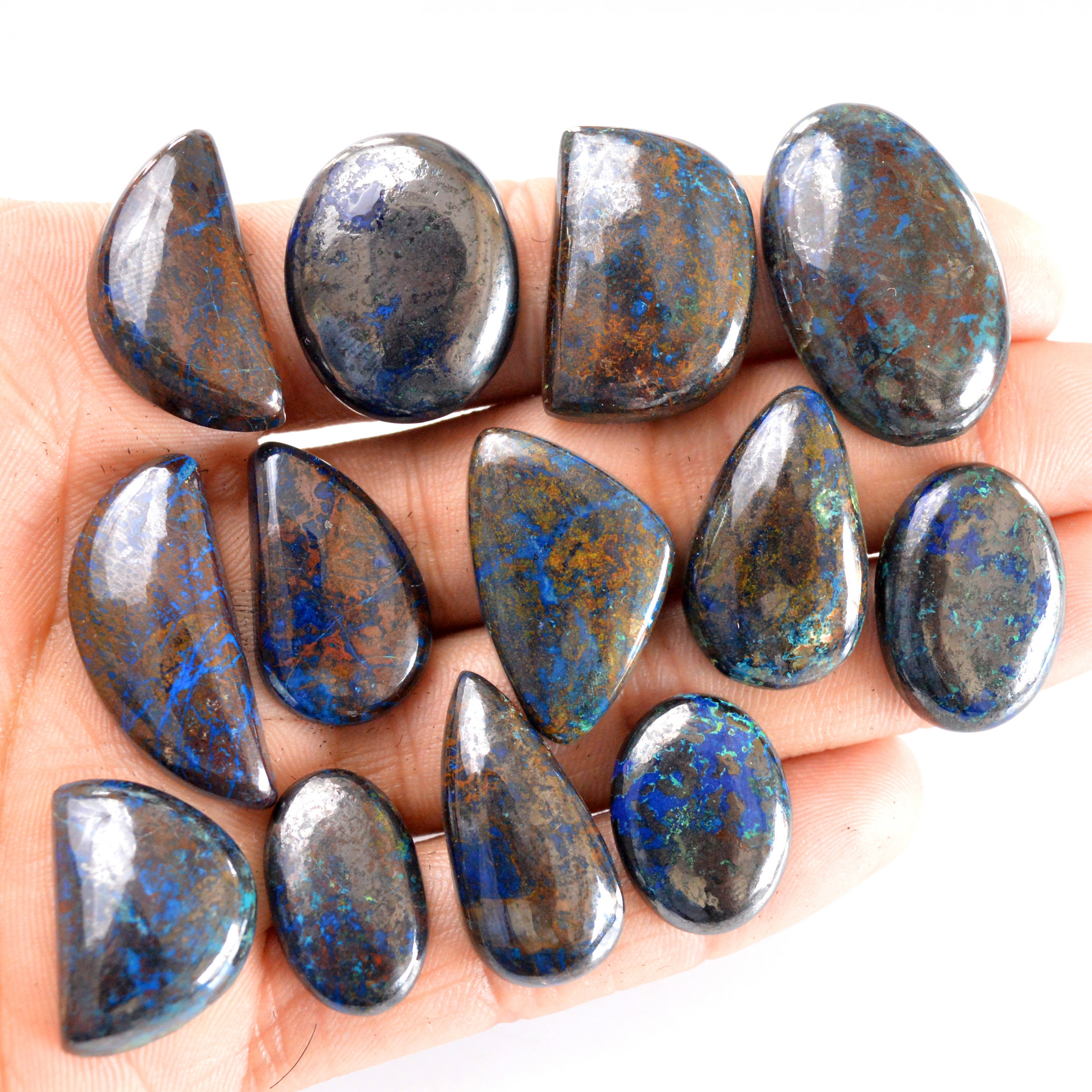 13 Pcs 374 Cts Natural Azurite Cabochon Back Unpolished Gemstone Wholesale Lot Size 20x15-31x20mm  14235